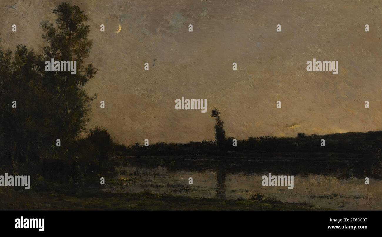 Twilight, 1866. Durante gli anni '1860, Daubigny iniziò a dipingere regolarmente scene al chiaro di luna, evocando un umore di malinconia che il suo biografo FR&#xe9;d&#xe9;ric Henriet attribuì alla sua età avanzata. Ha navigato su e giù per la Senna nel suo studio-boat alla ricerca di soggetti come questa vista vicino al villaggio di Andr&#xe9;sy. Il quadro fu probabilmente completato in studio nel corso di diverse sessioni ed esposto al Salone di Parigi del 1867. Foto Stock