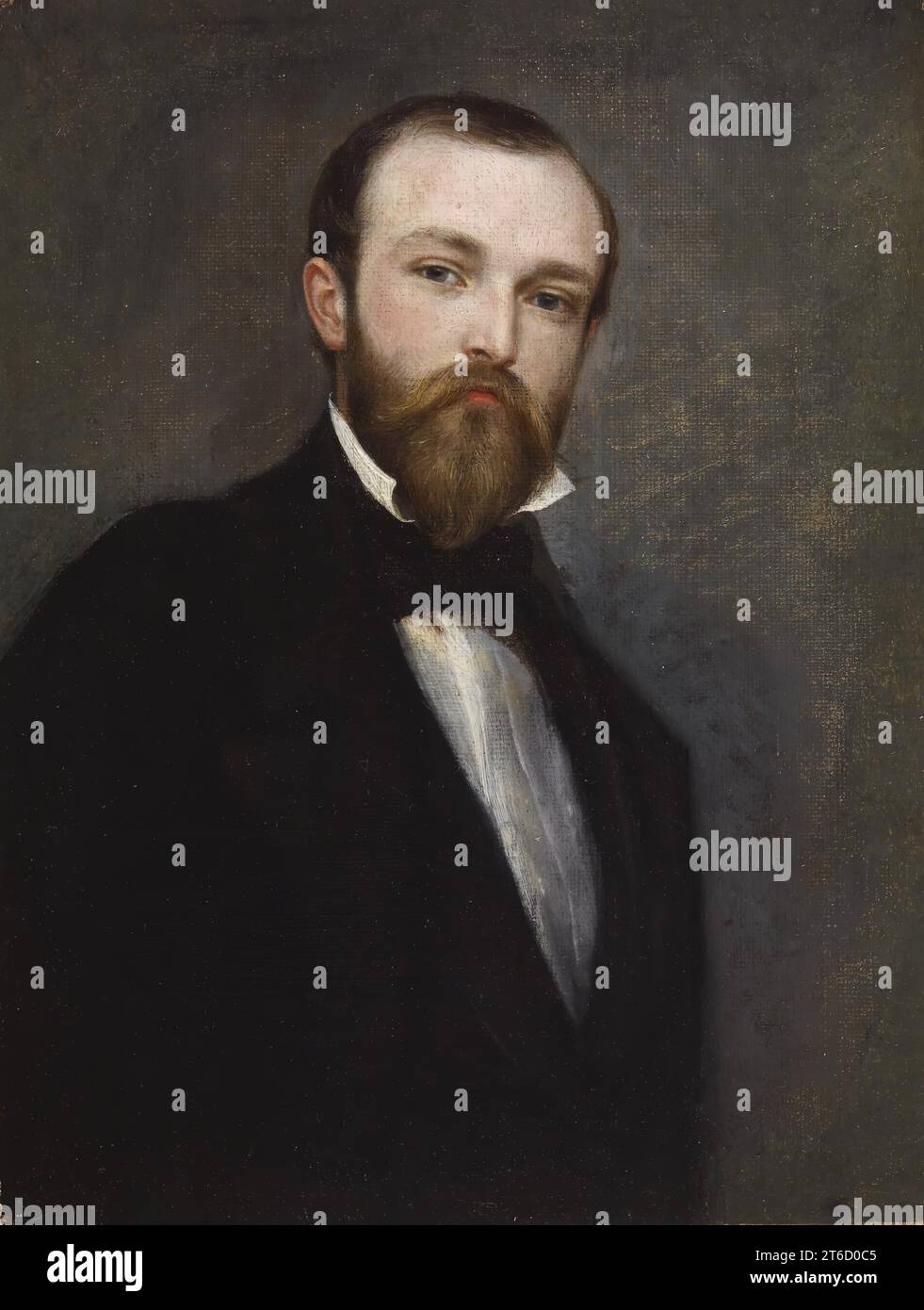 Autoritratto in un cappotto nero, 1848-1850 (?). In questo piccolo autoritratto a mezza lunghezza, Woodville si veste di un privilegiato gentiluomo urbano, con un formale cappotto nero, una camicia bianca con colletto ad ala e una cravatta nera. Ha la fronte liscia e larga che i contemporanei associavano con intelligenza e virtù superiori; in effetti, l'artista Chester Harding, che fondò e guidò la Boston Artists Association negli anni '1840, era noto per aver detto a un aspirante pittore che non avrebbe mai avuto successo "perché la sua testa non era abbastanza grande". Woodville fissa uno sguardo penetrante e arrogante sullo spettatore, Foto Stock