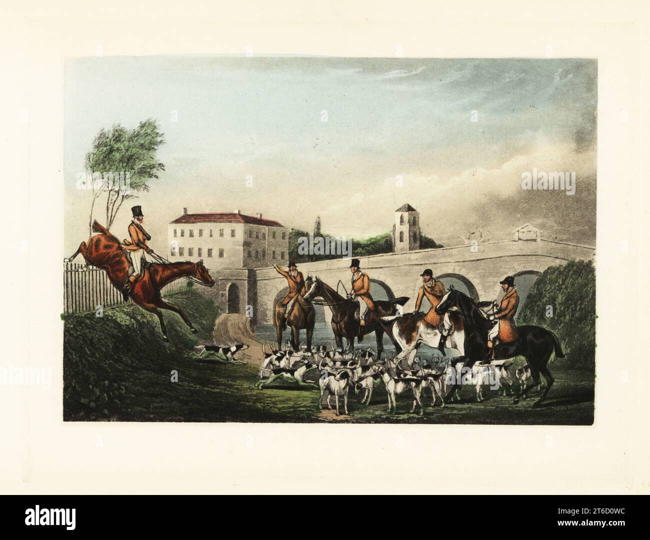 Un gentiluomo inglese con il braccio in una fionda salta una recinzione alta durante una caccia. Mytton cavalcò Baronetto su un paling a Lord Berwicks Attingham Park, Atcham. Ben fatto, Neck o niente! Non sei una cattiva razza da cui riprodurti. Cromolitografia facsimile di un'illustrazione di Henry Thomas Alken da Memoirs of the Life of the Late John Mytton di Nimrod alias Charles James Apperley, Kegan Paul, Londra, 1900. Foto Stock