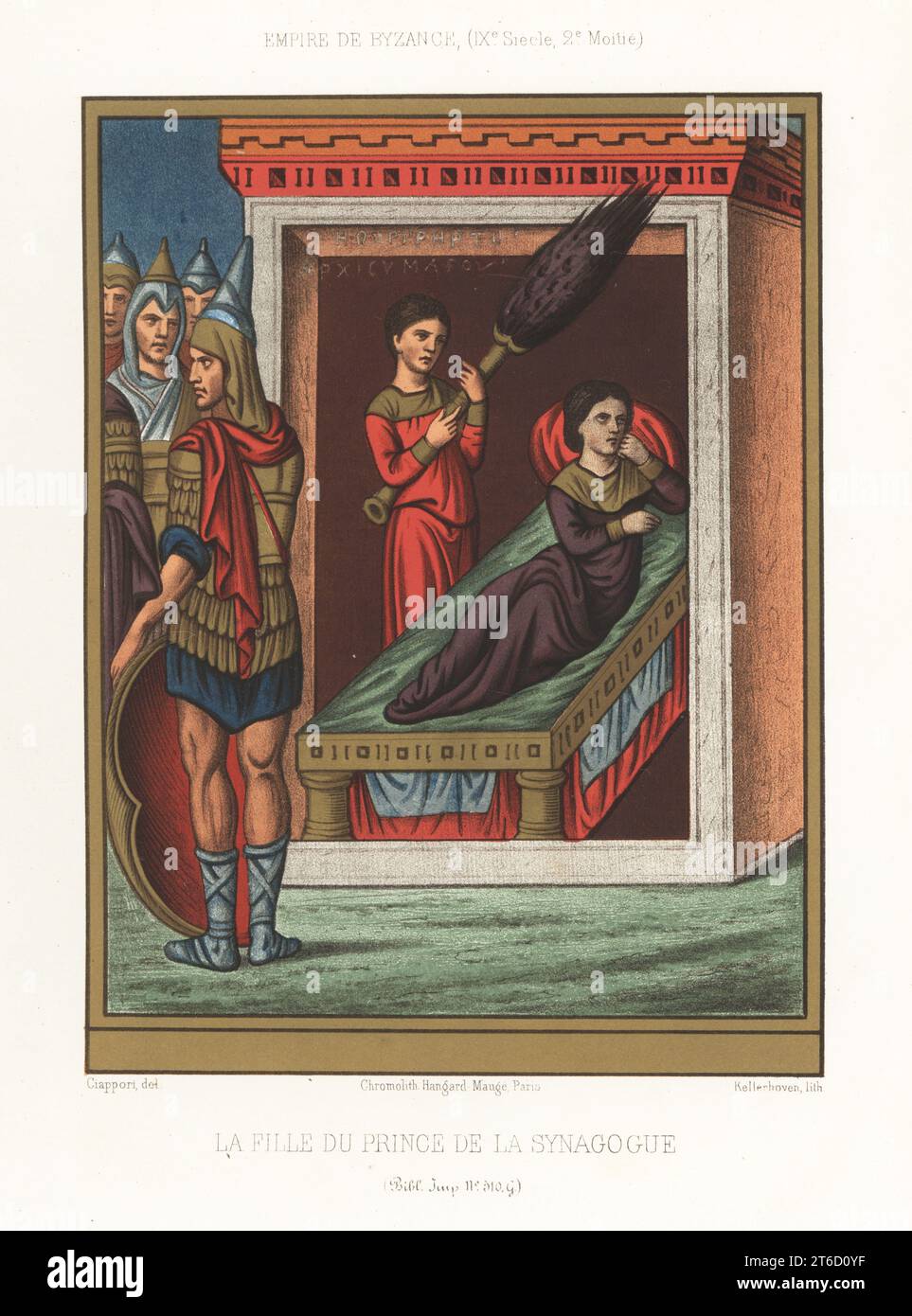 Il miracolo della figlia del Principe della Sinagoga (Shaliach Tzibor). Cresciuta dai morti da Gesù Cristo, la figlia di Jair giace su un letto, raffreddata da uno schiavo con un ventilatore, sotto la guardia armata. Soldati in armatura bizantina, fine IX secolo. La fille du Prince de la Synagogue, Empire de Byzance, IXe Siecle. Tratto da MS 510 G, Bibliotheque Imperiale. Chromolithograph di Franz Kellerhoven in onore di Claudio Giuseppe Ciappori di Charles Louandres Les Arts Somptuaires, The Sumptuary Arts, Hangard-Mauge, Parigi, 1858. Foto Stock