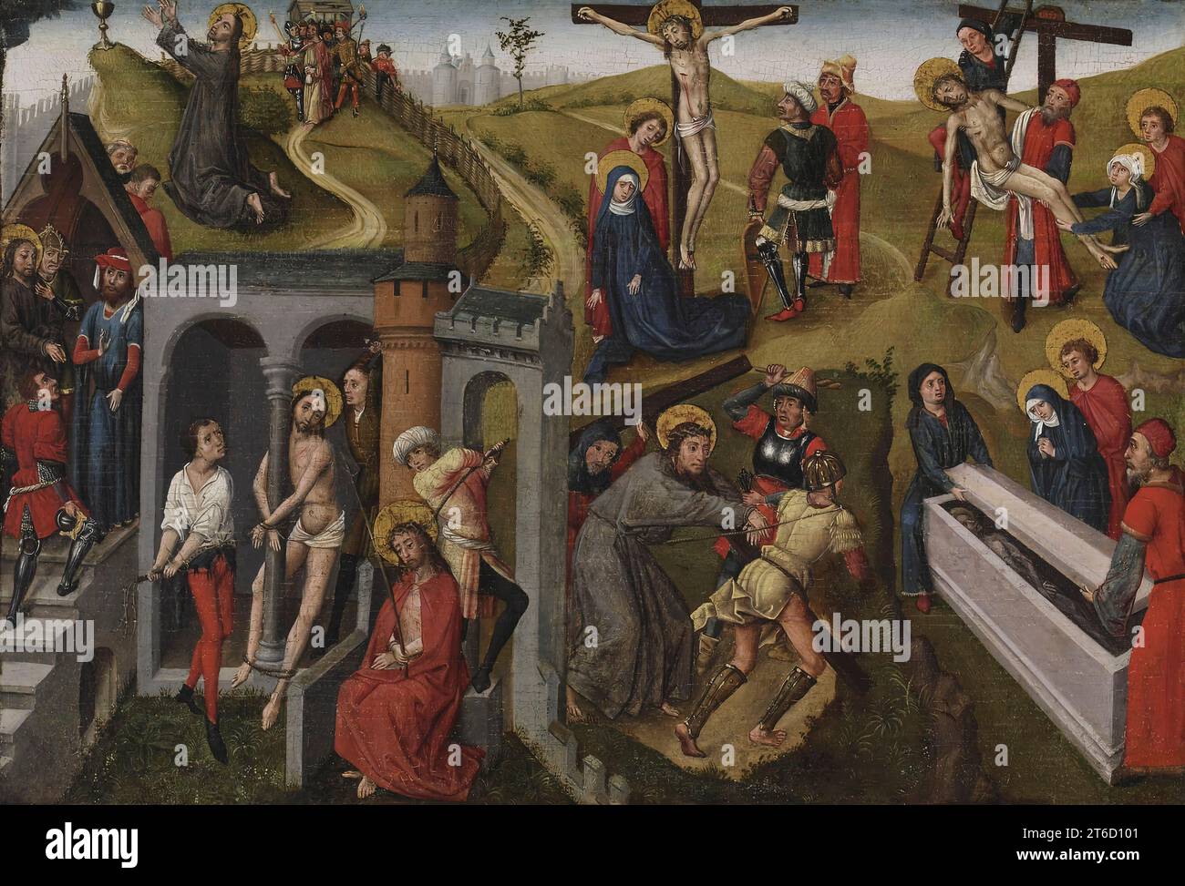Passione di Cristo, c1440-1460. La storia si snoda da in alto a sinistra dietro verso il basso a destra: Cristo nel Giardino del Getsemani e poi preso in custodia; Cristo davanti a Pilato; la Flagellazione; il beffardo di Cristo; Cristo che porta la Croce sulla strada del Calvario; la Crocifissione; la deposizione (il Cristo morto rimosso dalla croce); e la sepoltura. Foto Stock