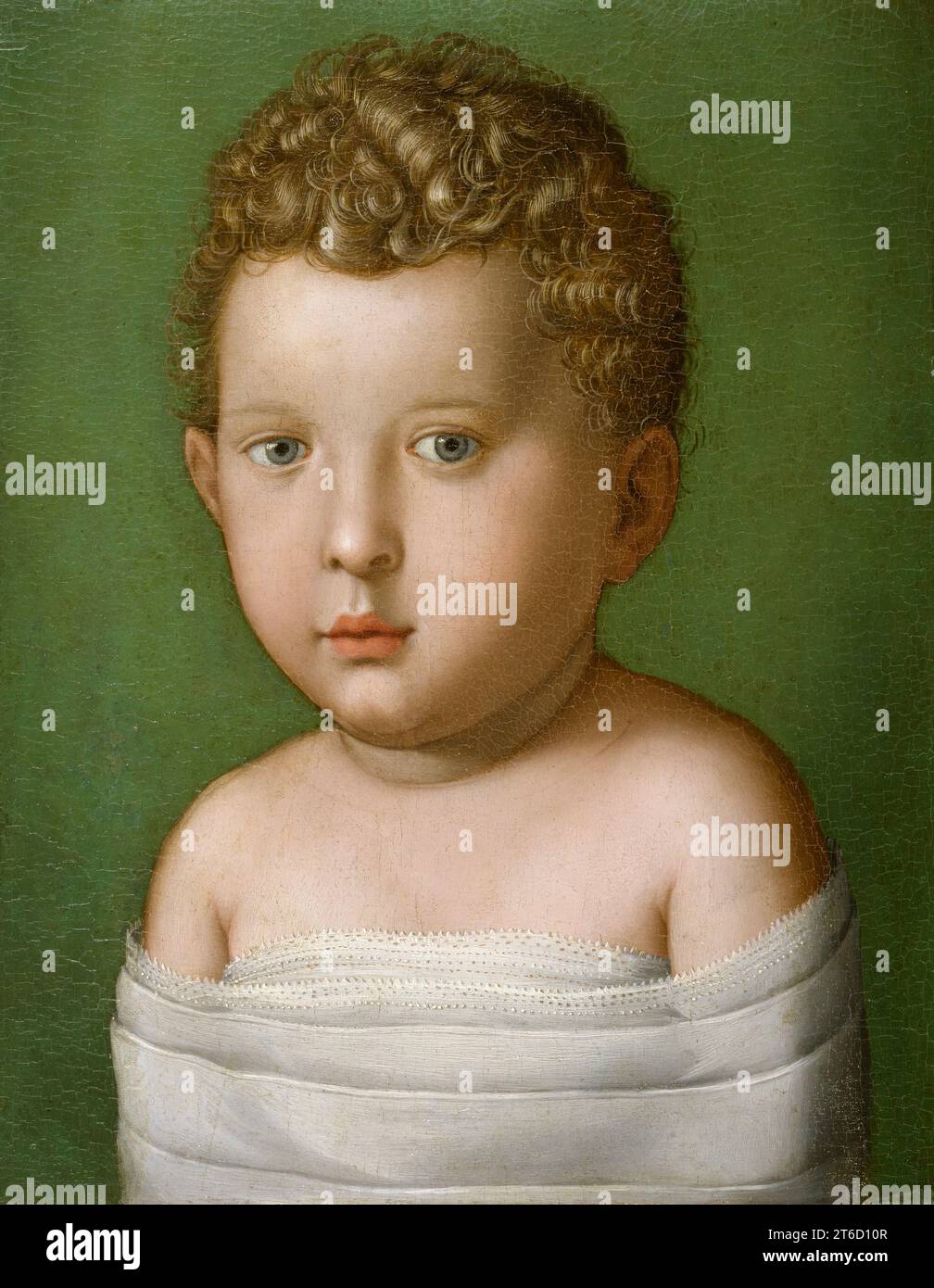 Ritratto di un bambino, 1540-1549. L'artista dipinse ritratti di molti membri della famiglia Medici, e questo quadro potrebbe rappresentare il figlio del duca Cosimo ed Eleonora da Toledo, Garcia, nato nel 1547, o un altro figlio, Ferdinando, nato nel 1549. Avvolto in abiti a pagaia, il bambino richiama le rappresentazioni del bambino Gesù, rivelando le pie intenzioni dei genitori del bambino. Fu data importanza alla rappresentazione dei bambini durante il XVI secolo a causa dell'alto tasso di mortalità. Foto Stock