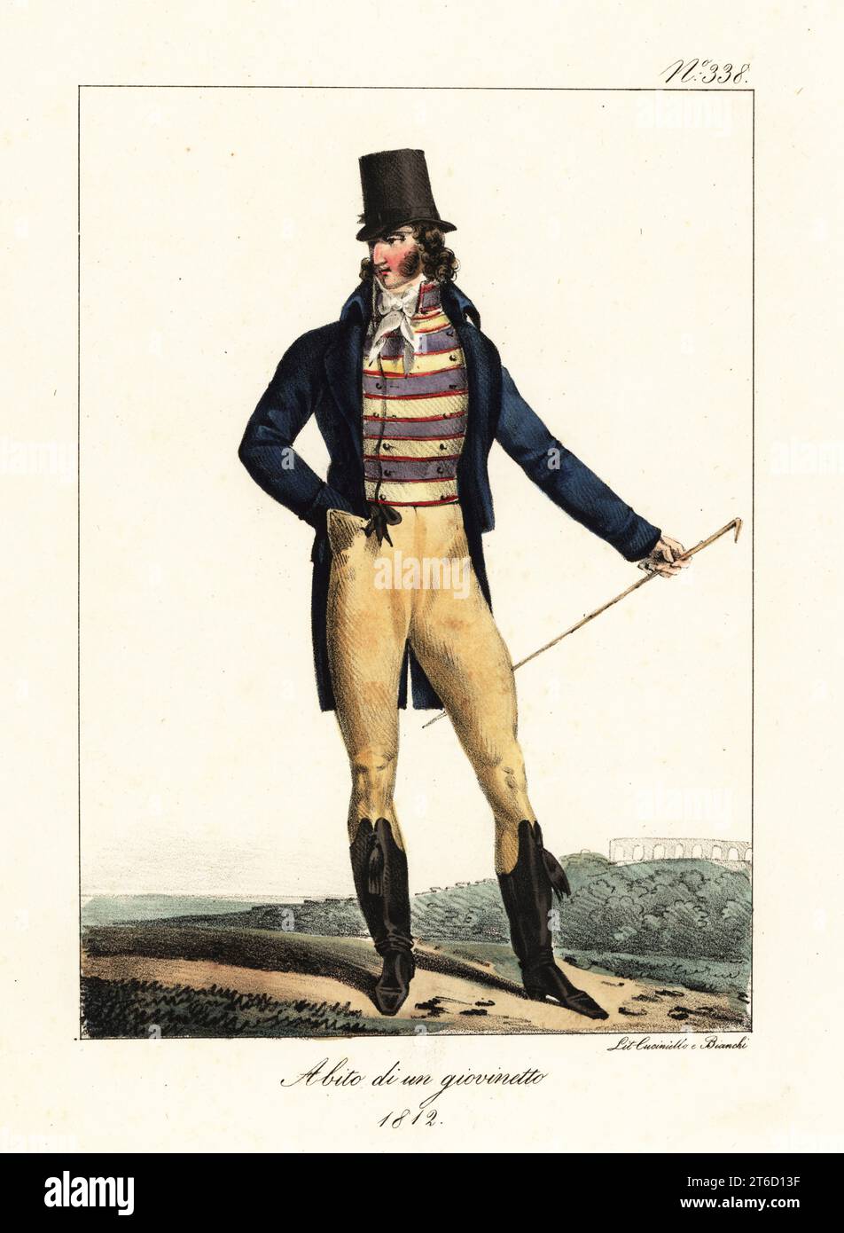 Dandy francese alla moda, epoca napoleonica, 1812. Cappello, cappotto corto o redingote, cravatte, gilet a righe, polsini, stivali e canna da zucchero. ABITO di un giovinetto. Litografia colorata a mano di Lorenzo Bianchi e Domenico Cuciniello dopo Hippolyte Lecomte da Costumi civili e militari della monarchia francese dal 1200 al 1820, Napoli, 1825. Edizione italiana dei Lecomti costumi civili e militari della monarchia francese dal 1200 al 1820. Foto Stock