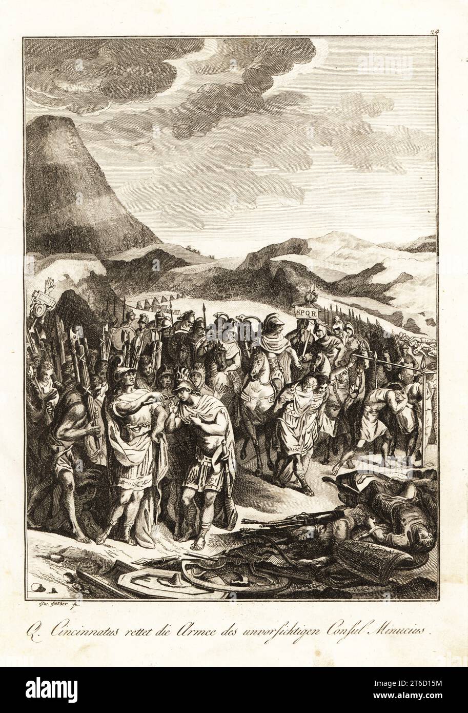 L'imprudenza del console Minucio nella battaglia del Monte Algido, 458 a.C. Il dittatore romano Lucius Quinctius Cincinnatus, 519-430 a.C. circa, arriva per sconfiggere gli equi. Imprudence du consul Minucius, reparee par Cincinnatus. Incisione su lastra di rame di Joseph Stöber su disegno di Gabriel de St Aubin dal professor Joseph Rudolf Zappes Gemalde aus der romischen Geschichte, Pictures of Roman History, Joseph Schalbacher, Vienna, 1800. Edizione tedesca di Abbe Claude Francois Xavier Millots Abrege de lHistoire Romaine. Foto Stock