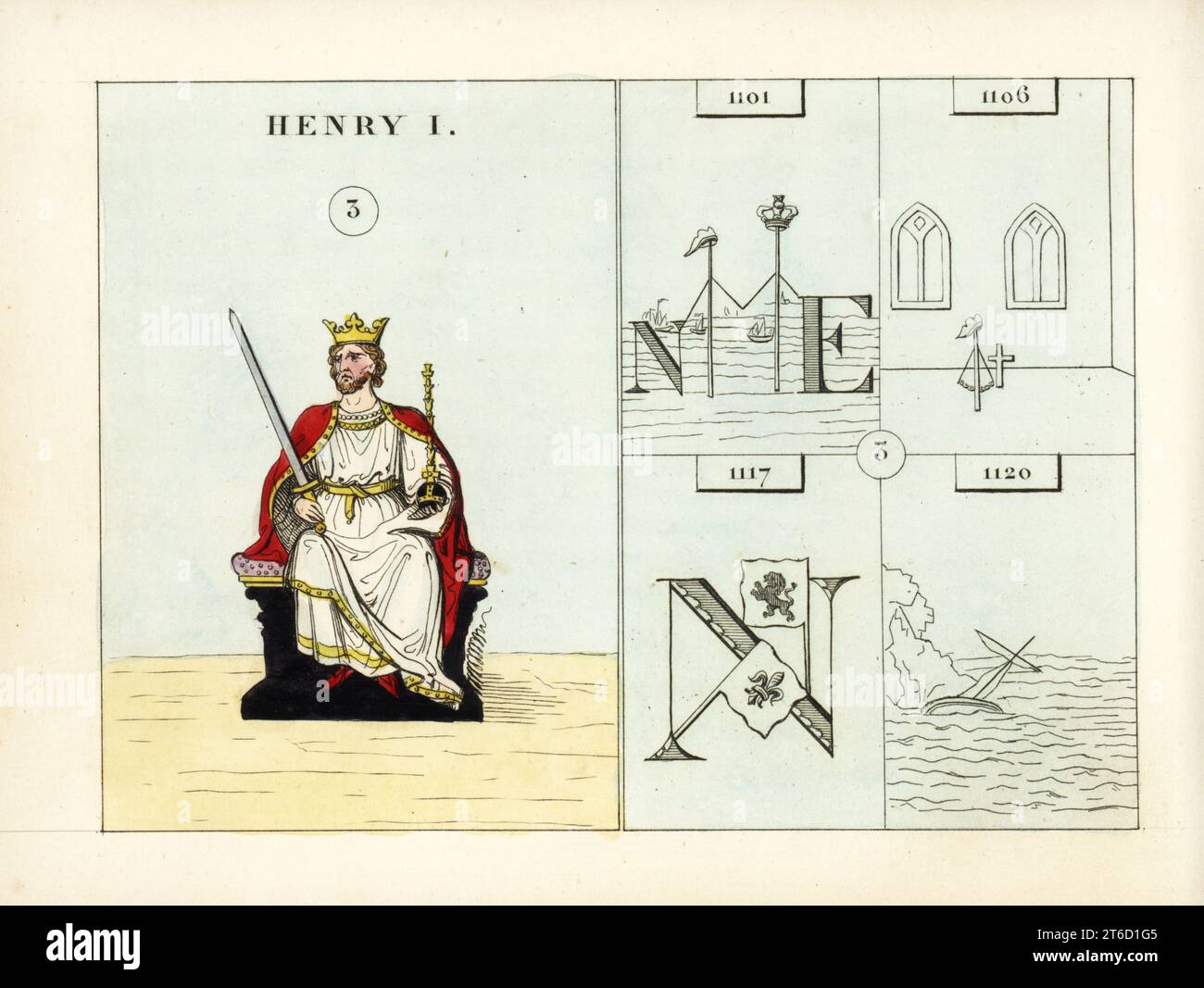 Ritratto di re Enrico i d'Inghilterra con corona, spada, orb e mantello. Emblemi indicano un trattato di pace con la Francia, la detenzione nel castello di Cardiff, l'invasione francese della Normandia e la morte del principe Guglielmo. Incisione in acciaio colorato a mano dopo un'illustrazione di Mary Ann Rundall da UNA storia simbolica dell'Inghilterra, dai primi tempi al Regno di Guglielmo IV, J.H. Trucy, Parigi, 1839. Mary Ann Rundall era un insegnante di giovani Signore a Bath, e pubblicò il suo libro di emblemi mnemonici nel 1815. Foto Stock