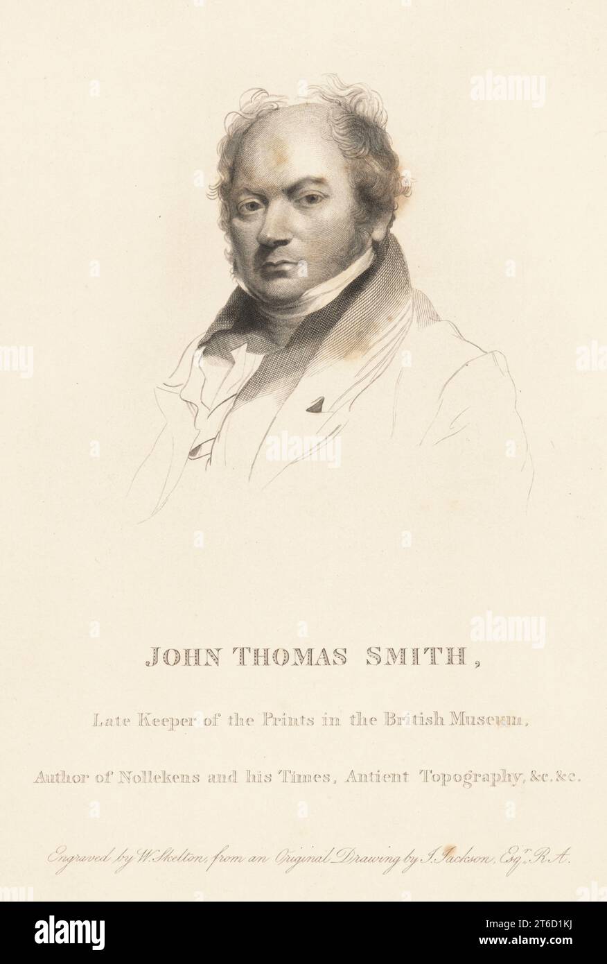 John Thomas Smith, scomparso custode delle stampe nel British Museum, autore di Vagabondia, Nollekens and His Times, Antient Topography, 1766-1833. Incisione su copperplate di William Skelton dopo un ritratto di John Jackson da The gries of London di John Thomas Smith, o Vagabondiana 2, a cura di Francis Douce, John Bowyer Nichols, Londra, 1839. Foto Stock