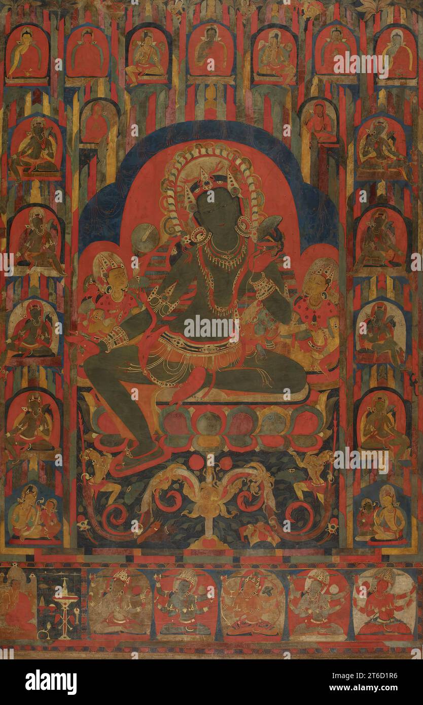 Green Tara, anni '1160-1180 Questo "thangka" buddista (o "thanka", rotolo dipinto) raffigura il Buddha illuminato e la dea compassionevole Tara, seduto su un loto nel suo paradiso di montagna. Tara guida uomini e donne attraverso le emozioni negative che impediscono loro di raggiungere la pace e la felicità suprema, o "nirvana". Foto Stock