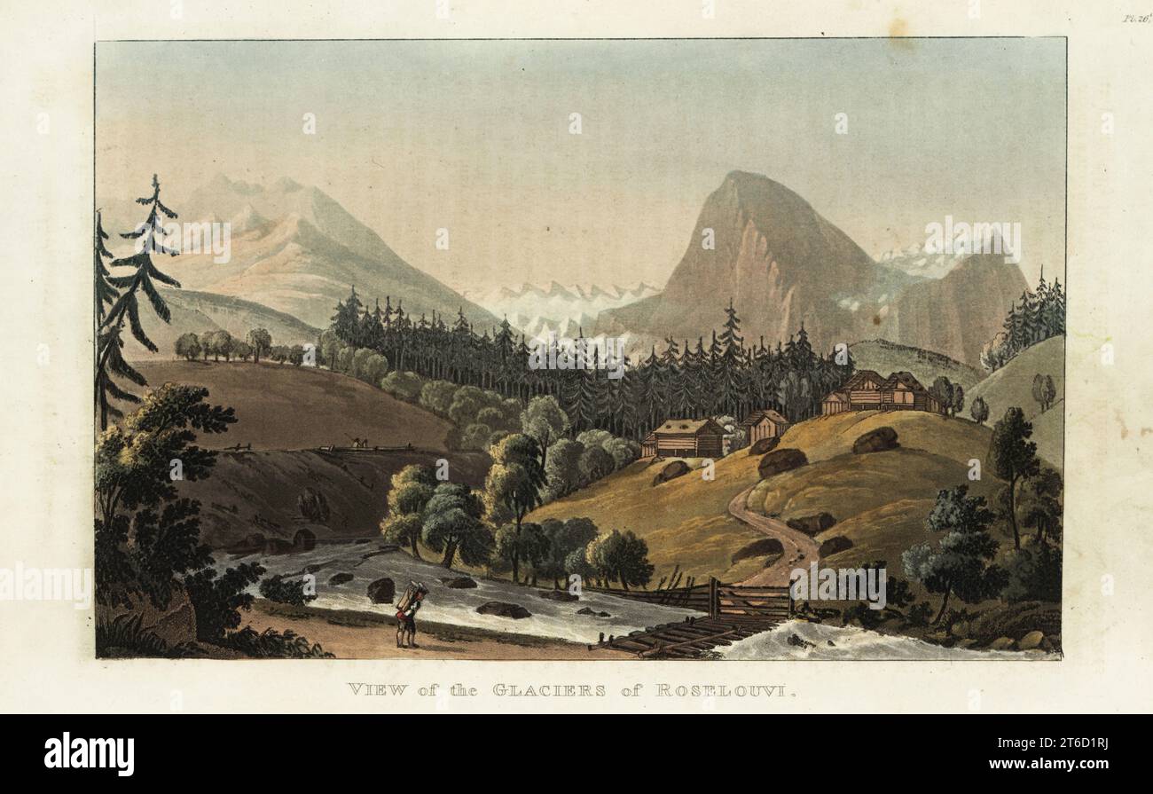 Il ghiacciaio Rosenlaui tra i monti Wellhorn e Wetterhorn nelle Alpi Bernesi, cantone di Berna, Svizzera. Vista dei ghiacciai di Roselouvi. Incisione su lastre di rame colorate a mano di Gabriel Lory di Rudolph Ackermanns Repository of Arts, Literature, Fashions, Manufactures, ecc., Strand, Londra, 1822. Foto Stock