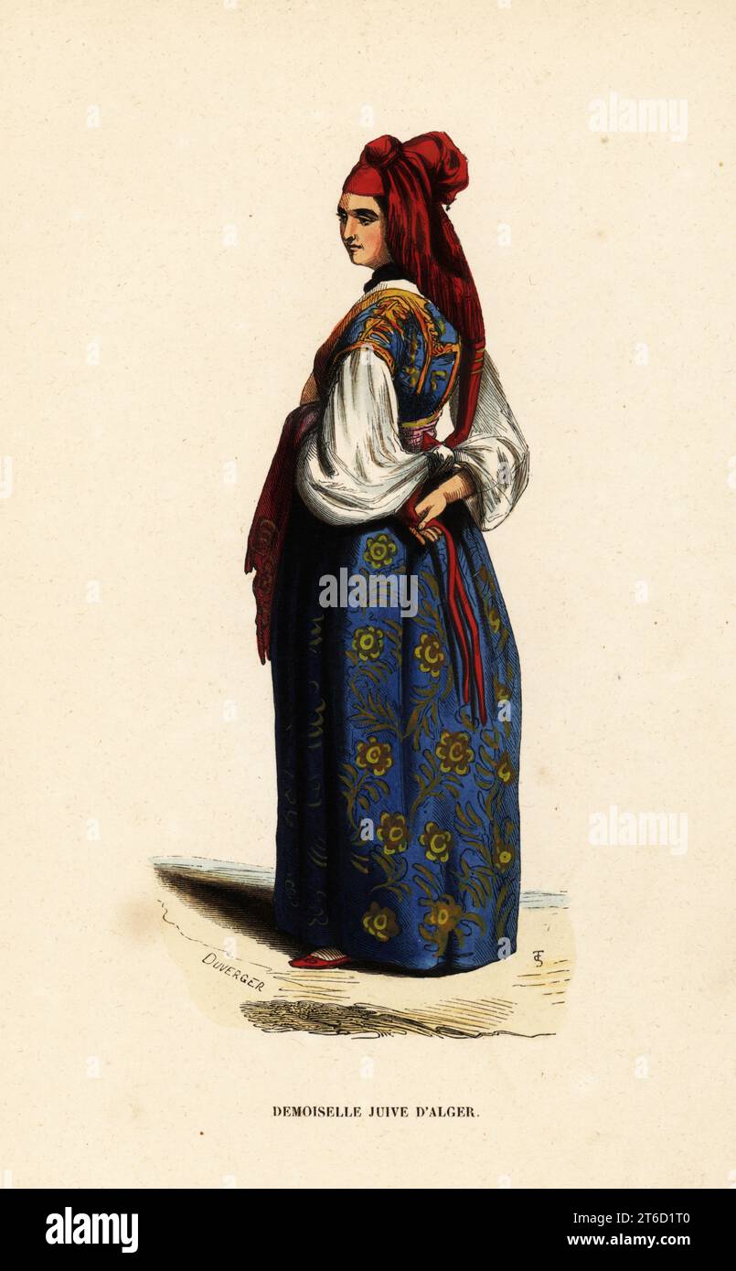 Giovane donna ebrea di Algeri, Algeria. Abito alto in lana ricamata blu con turban e maniche corte su una chemise bianca. Demoiselle Juive dAlger. Tagliato a mano da T.S. e Duverger da Moeurs, Usages et Costumes de tous les Peuples du Monde di Auguste Wahlen, Librairie Historique-Artistique, Bruxelles, 1845. Wahlen era lo pseudonimo di Jean-Francois-Nicolas Loumyer (1801-1875), scrittore e archivista del Dipartimento araldico del Belgio. Foto Stock