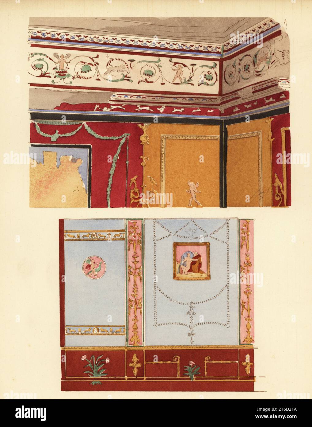 Fregio in una camera nel quarto stile Pompei, Pompei. Pannello a parete sottostante dopo Francois Mazois. Frise dune chambre du quatrieme style, regione I.2,25. Panneau extrait des originaux de larchitecte Francois Mazois, Les Ruines de Pompei. Pocoro (stencil) a mano litografia di Pierre Guzman dal suo stesso Decoration murale a Pompei, (decorazione murale a Pompei), Editions Albert Morance), Parigi, 1924. Foto Stock