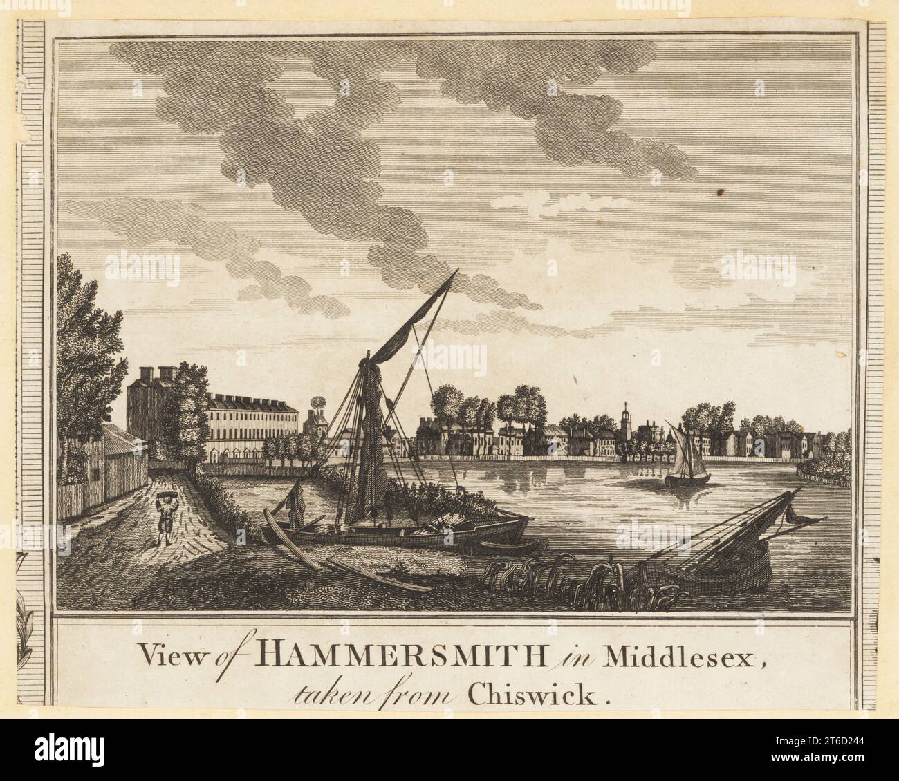 Veduta di Hammersmith nel Middlesex tratta da Chiswick, 1784. Un uomo che cammina lungo un sentiero di traino, chiatta con vela quadrata all'ancora sul Tamigi, la chiesa di St Paul, le case a schiera e gli edifici sul Lower Mall sulla riva nord, ecc. Copperplate ngraving di Henry Roberts da William Thorntons New History and Survey of London, pubblicato da Alexander Hogg at the Kings Arms, Paternoster Row, Londra, 1784. Foto Stock
