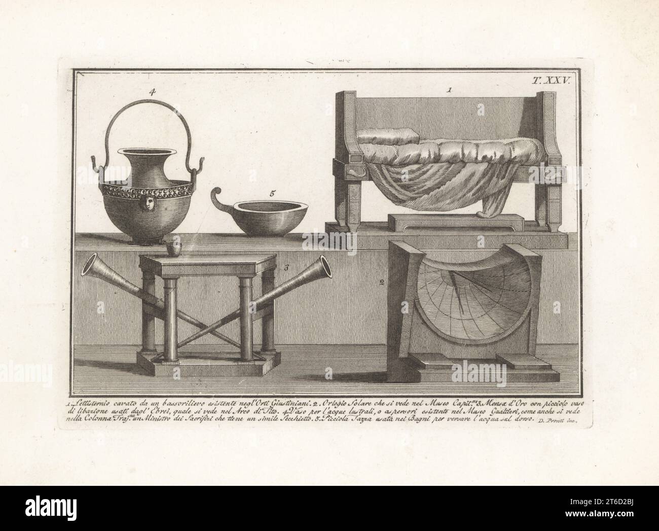 Bancherete il divano o il lettosternium da un bassorilievo nel Tempio dei Giardini Giove 1, il quadrante del sole nel Museo Capitolino 2, tavolo d'oro con vasi di libazione petioli usati dagli Ebrei dell'Arco di Tito 3, vaso d'acqua lustrale o purificante della colonna Traiana 4, E coppetta con manico utilizzata nelle terme romane 5. Incisione in copperplate di Domenico Pronti dalla sua nuova Collezione raffigurante costumi religiosi, civili e militari degli antichi Egizi, Etruschi, Greci e Romani, Nuova Raccolta Rappresentante i Costumi Religiosi Civili e Militari, Roma, 1805. Foto Stock