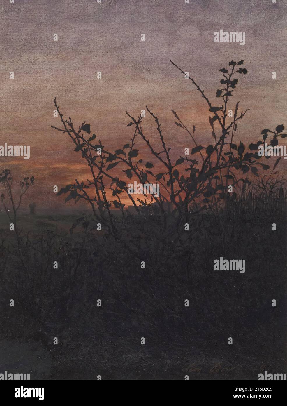 Blackthorn (?) Di fronte a un paesaggio al tramonto, 1864. Foto Stock