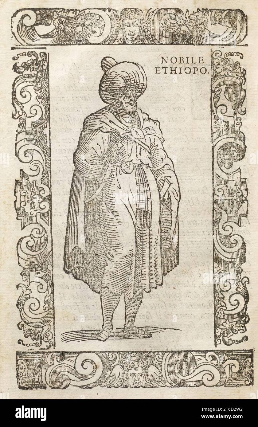 Nobile etiope, 1590 anni. Nobile Ethiopo (Nobile Ethiopo). Da "De gli habiti antichi et moderni di diuerse parti del mondo libri dve / fatti da Cesare Vecellio; &amp; con discorsi da lui dichiarati", un'opera su costume di Cesare Vecellio. Foto Stock