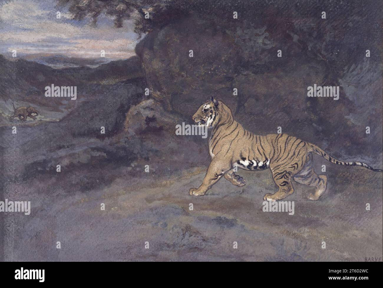 Tigre che guarda un elefante, c1857. In questa scena al crepuscolo, una tigre in allerta osserva un elefante che corre sullo sfondo. Foto Stock
