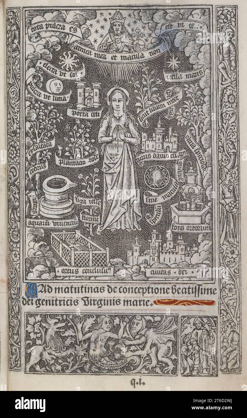 La Vergine Maria, 1503. Illustrazione da un Libro delle ore, Salisbury. Testo latino: '[?] Matutinas de conctione beatisseme dei genitricis Virginis marie' - (approssimativamente tradotto come '[?] Mattine della benedetta concezione della Vergine Maria, madre di Dio"). Foto Stock