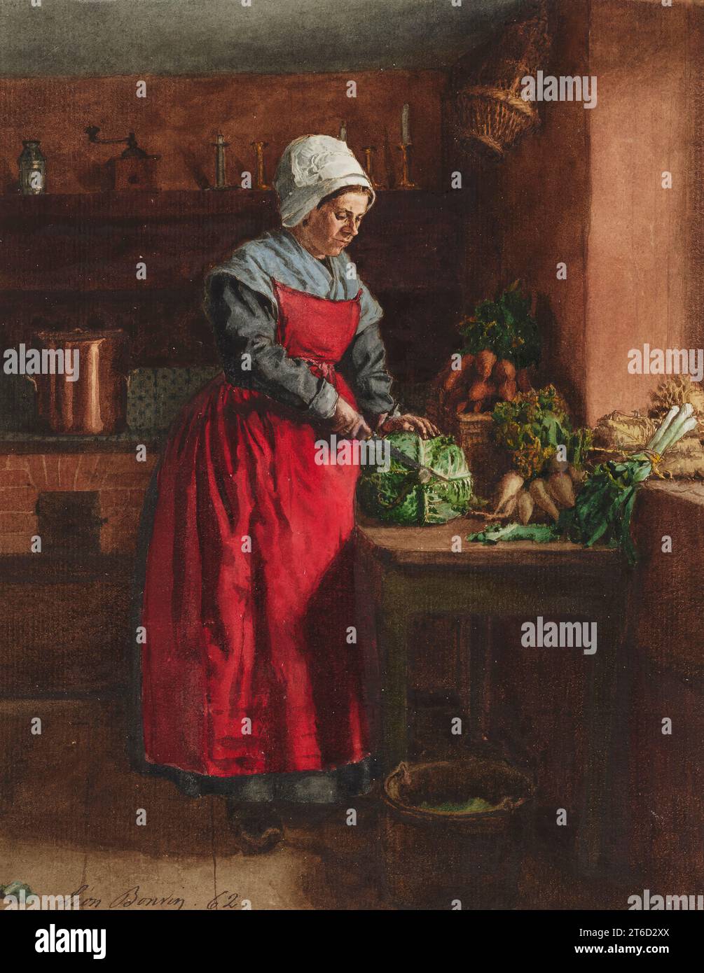 Un cuoco in un grembiule rosso nella locanda a Vaugirard, 1862. Un cuoco che indossa un grembiule vermiglio trita un cavolo grande. Davanti a lei vengono sparse verdure comuni, tra cui rape, porri, radici di sedano, carote, e lattuga. Il modello è stato identificato come la moglie dell'artista, Constance F&#xe9;licit&#xe9; Gaudon, e la posizione come piccola taverna della famiglia. La luce di una finestra a destra penetra nella scena per rivelare i dettagli sullo sfondo, tra cui il cestello appeso e lo scaffale con una fila di candelabri, un macinacaffè e una lanterna. Sulla stufa è collocato un grande bagliore Foto Stock