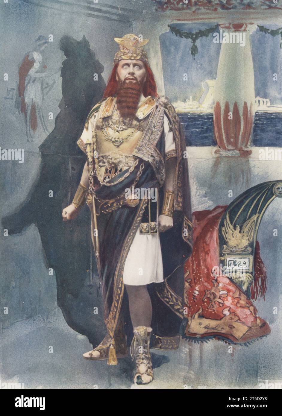Sir Herbert Beerbohm Tree nel ruolo di Erode, re degli ebrei, in Herod: A Tragedy, un'opera teatrale di Stephen Phillips, 1901. Beerbohm Tree, attore teatrale e cinematografico inglese, direttore teatrale, 1852-1917. Fotografia di Langfier. Stampa a colori di un'illustrazione a colori basata su una fotografia monocromatica di George Newness Players of the Day, Londra, 1905. Foto Stock