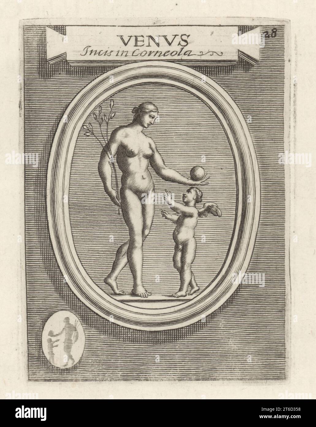 Venere, dea romana dell'amore, che offre una palla a Cupido. La dea etrusca dell'amore e della fertilità era Turan. Da una gemma di corniola incisa. Venus INCI. A Corneola. Incisione su lastra di rame di Francesco Valesio, Antonio Gori e Ridolfino Venutis Academia Etrusca, Museo Cortonense in quo vera Monumenta, (Accademia Etrusca o Museo di Cortona), Faustus Amideus, Roma, 1750. Foto Stock