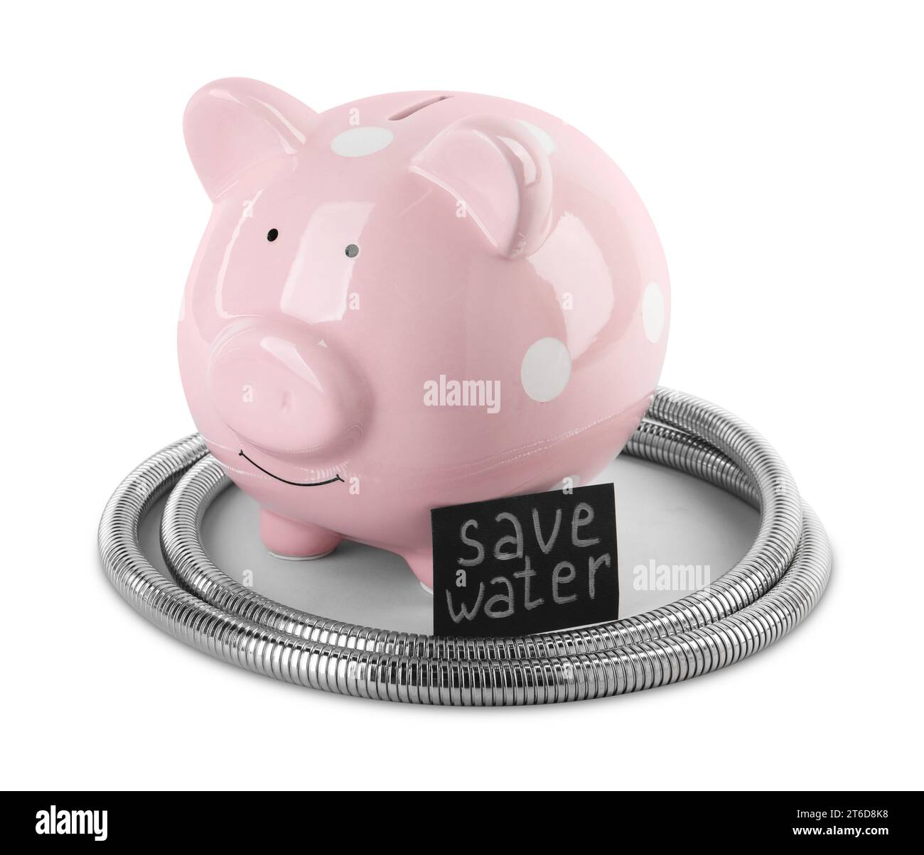 Concetto di scarsità d'acqua. Scheda con frase Save Water, salvadanaio e tubo doccia isolato su bianco Foto Stock