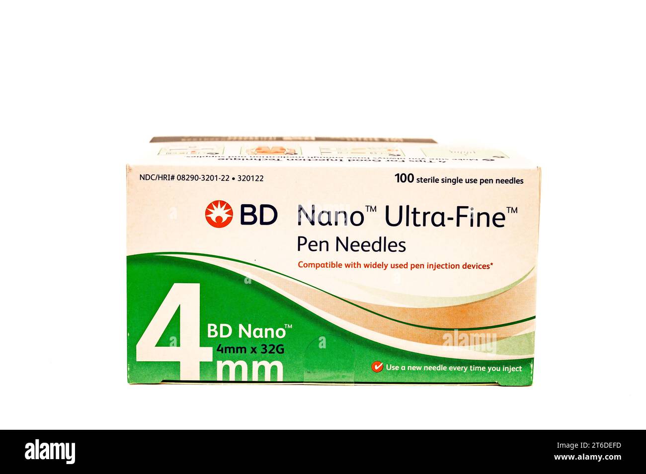 Immagine di una scatola di aghi a penna ultra fine BD Nano compatibili con i dispositivi di iniezione a penna più diffusi Foto Stock