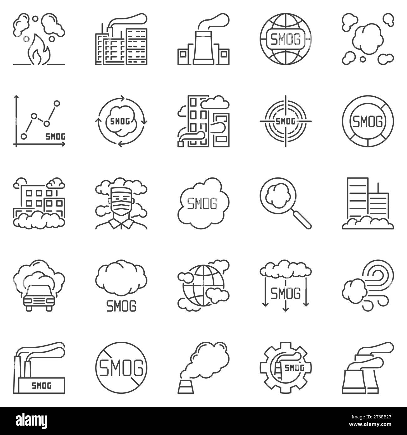 Set di icone profilo smog - simboli del concetto di fumo nebbia vettoriale inquinamento atmosferico in linea sottile Illustrazione Vettoriale