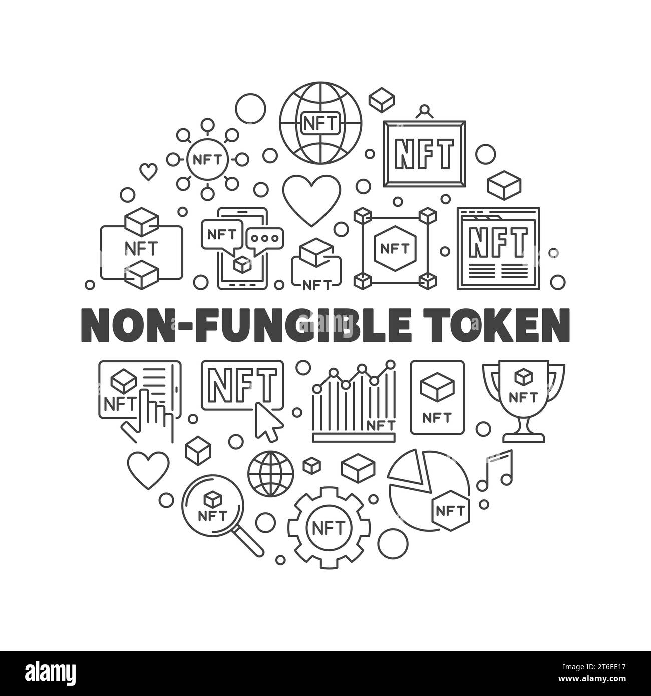 Illustrazione a forma di cerchio del concetto vettoriale della tecnologia Token non fungibile. Banner tondo NFT con linea sottile Illustrazione Vettoriale