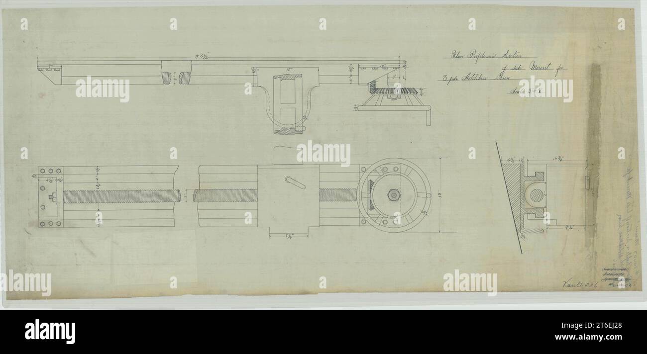 USS Maine (ACR-1) - profilo planimetrico sezione del montaggio laterale per 3 pdr. Hotchkiss Gun Foto Stock
