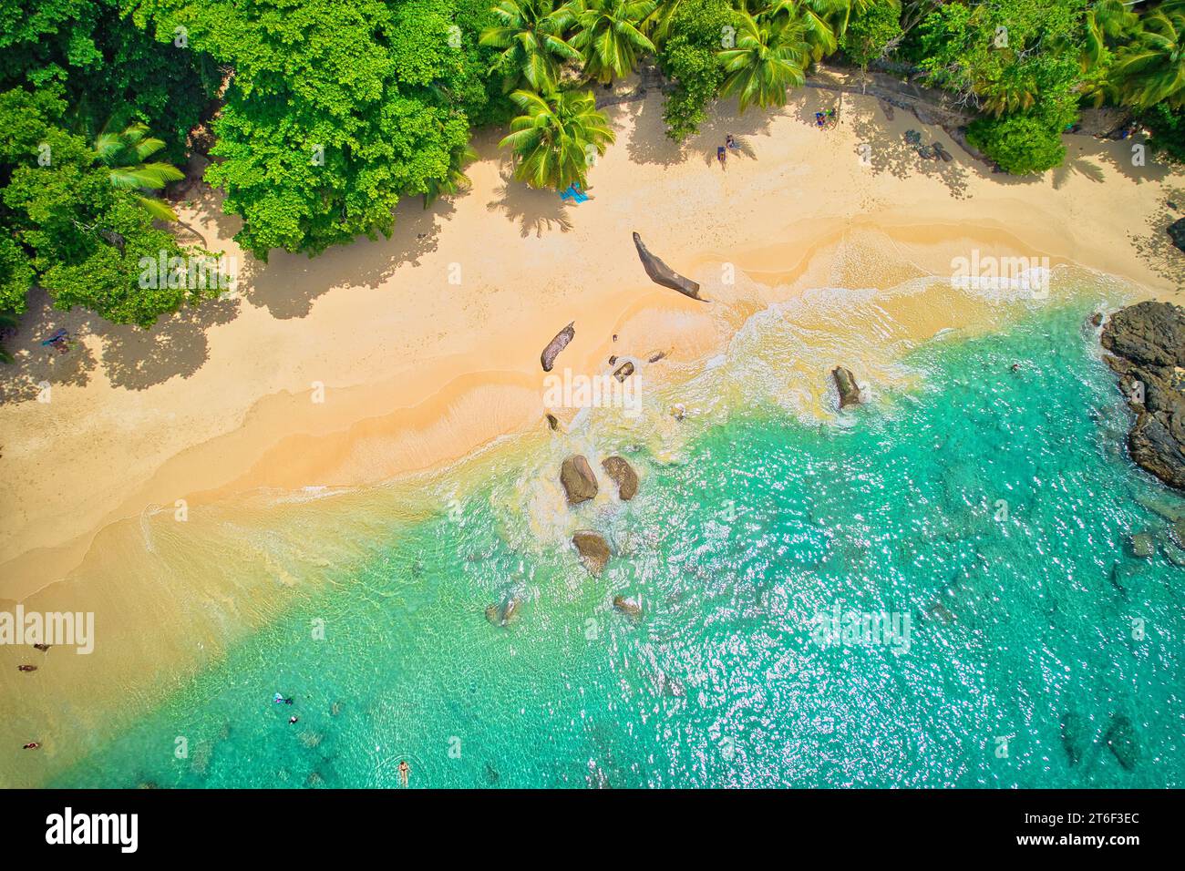 Fotografia con droni a volo d'uccello di turisti in spiaggia, nuoto e snorkeling, rocce di granito, acque turchesi e trasparenti, vicino alla riva, Mahe Foto Stock