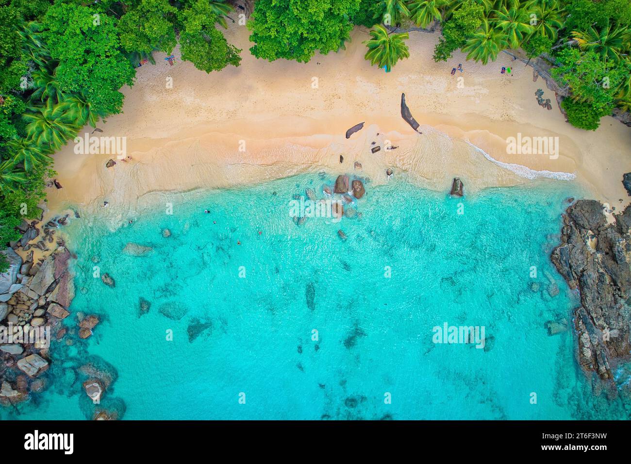 Fotografia con droni a volo d'uccello di turisti in spiaggia, nuoto e snorkeling, rocce di granito, acque turchesi e trasparenti, vicino alla riva, Mahe Foto Stock