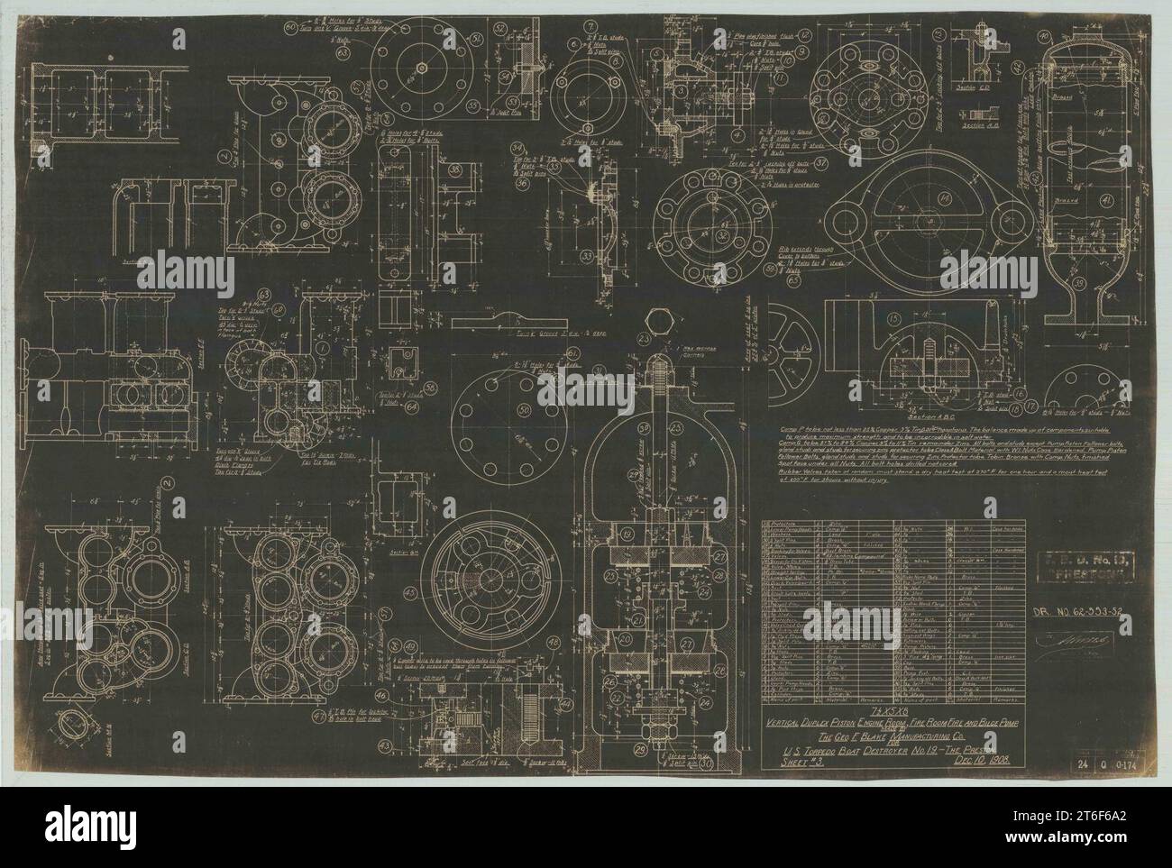 USS Preston (DD-19) - 7 1-2 x 5 x 8 sala macchine verticali Duplex a pistoni, pompetta antincendio e di sentina. Foglio -3 Foto Stock