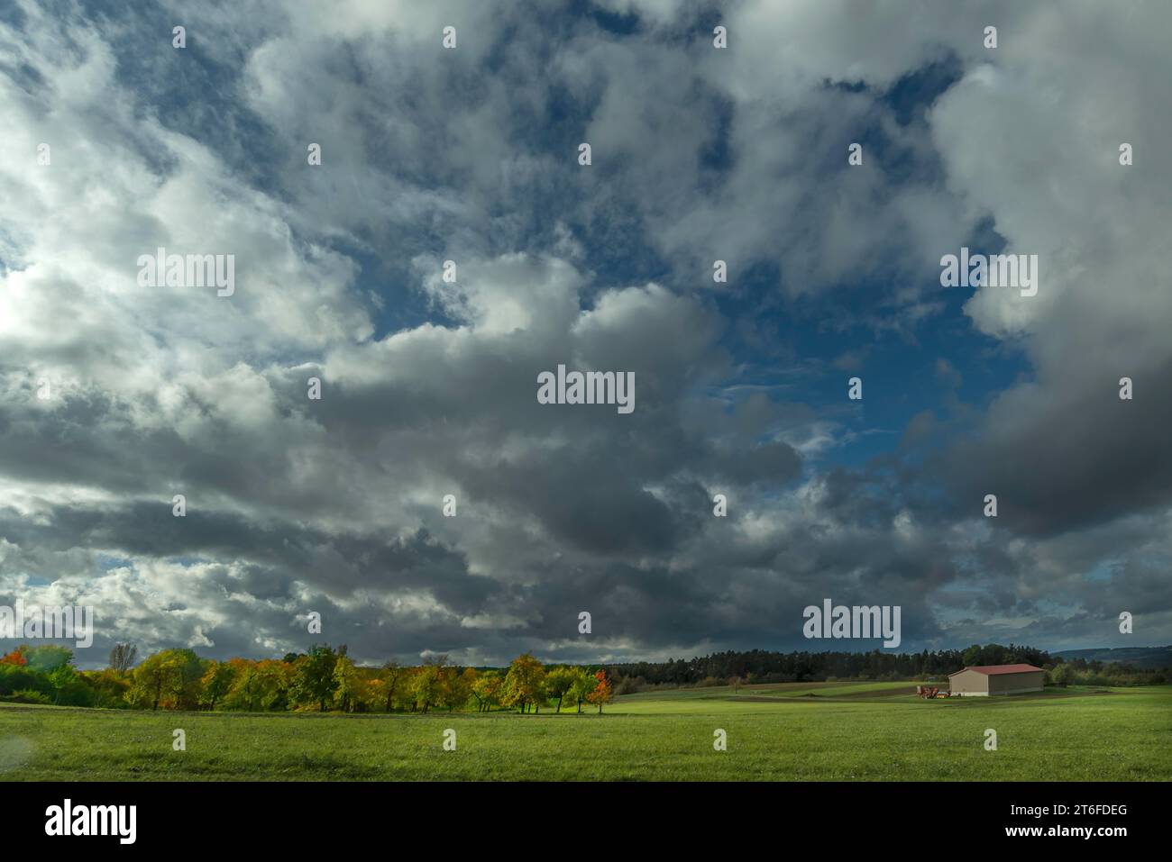 Cielo nuvoloso su paesaggi autunnali, Franconia media, Baviera, Germania Foto Stock