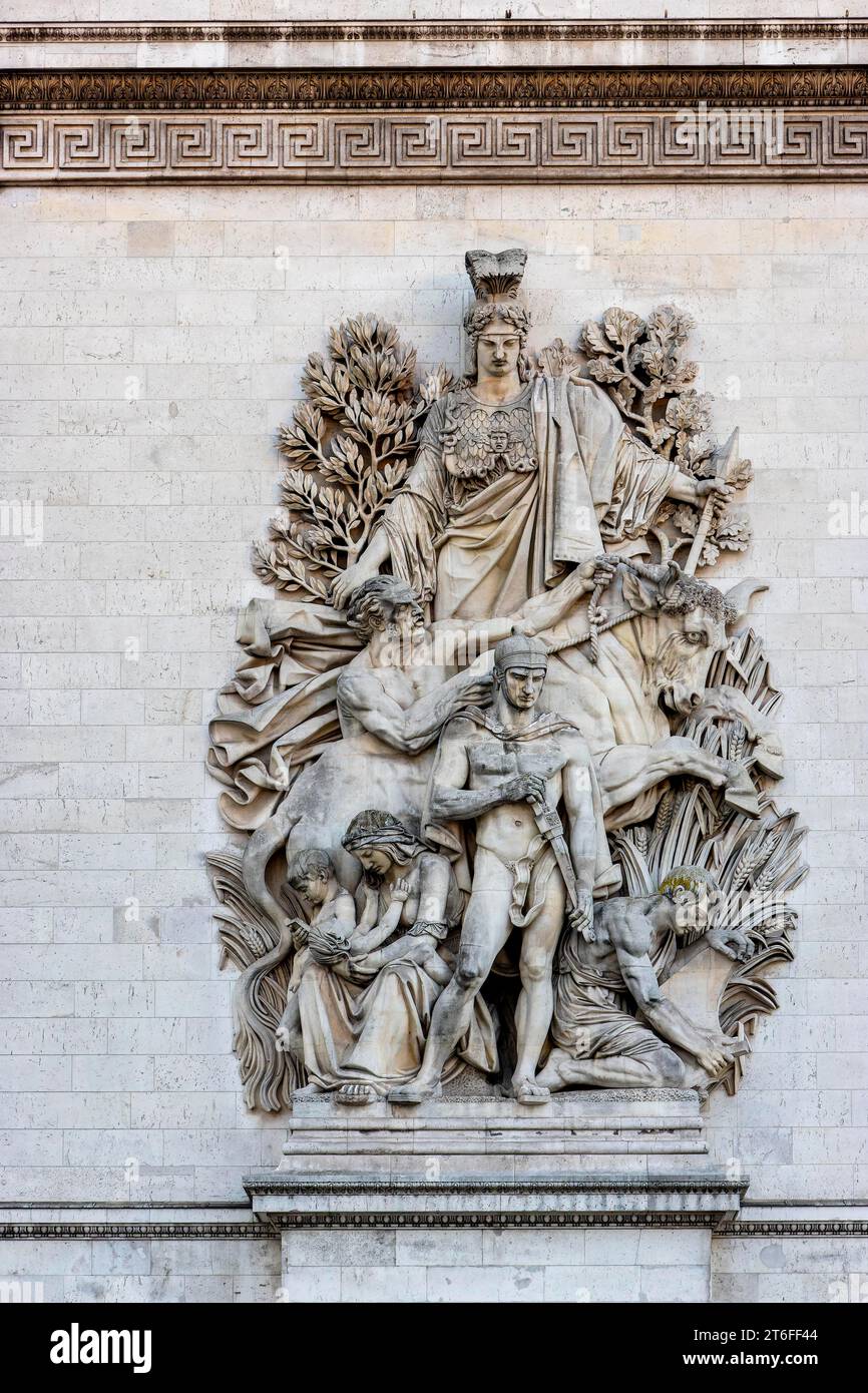 Rilievo, la pace del 1815, di Antoine Etex, sul lato ovest dell'Arco di Trionfo dell'Etoile, Parigi, Ile-de-France, Francia Foto Stock