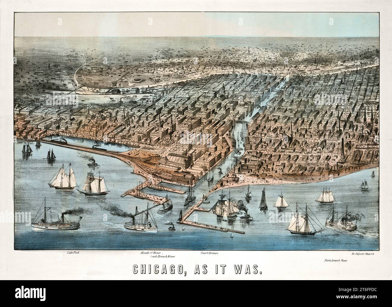 Vecchia vista aerea di Chicago, Illinois. Di T.R. Davis, publ. A New York, CA 1873 Foto Stock