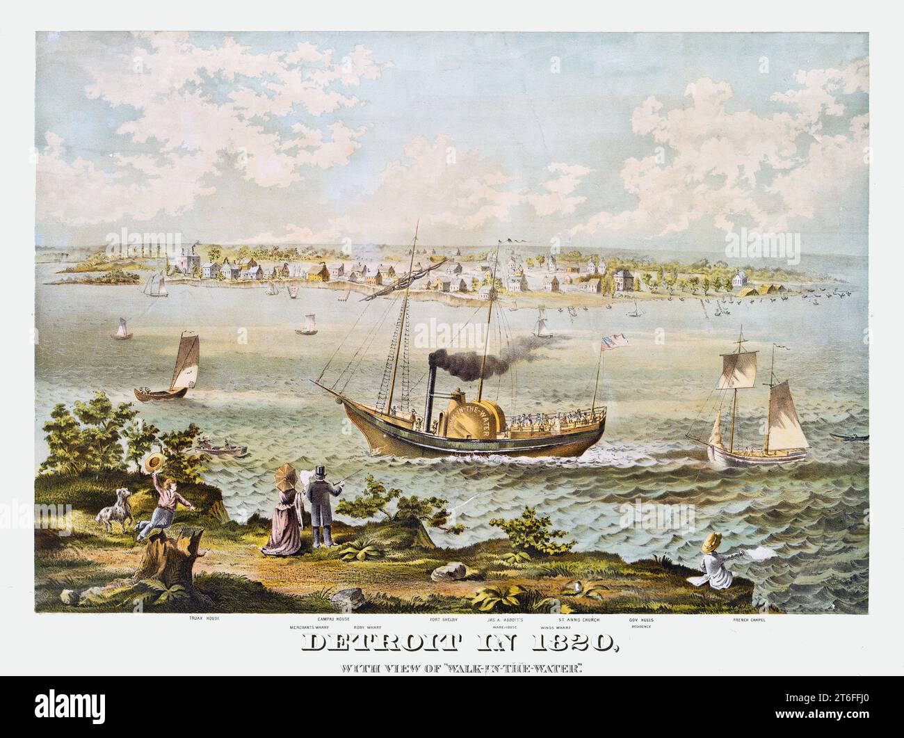 Vecchia vista di Detroit nel 1820. Di G.W. Whistler, publ. A Washington, 1871 Foto Stock