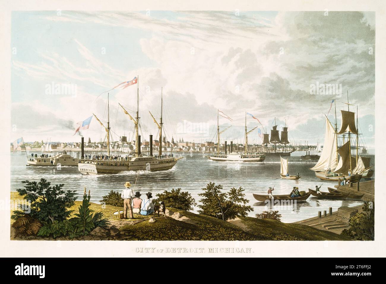 Vecchia vista di Detroit dalla costa del Canada. Di W.J. Bennet, publ. A New York, 1837 Foto Stock