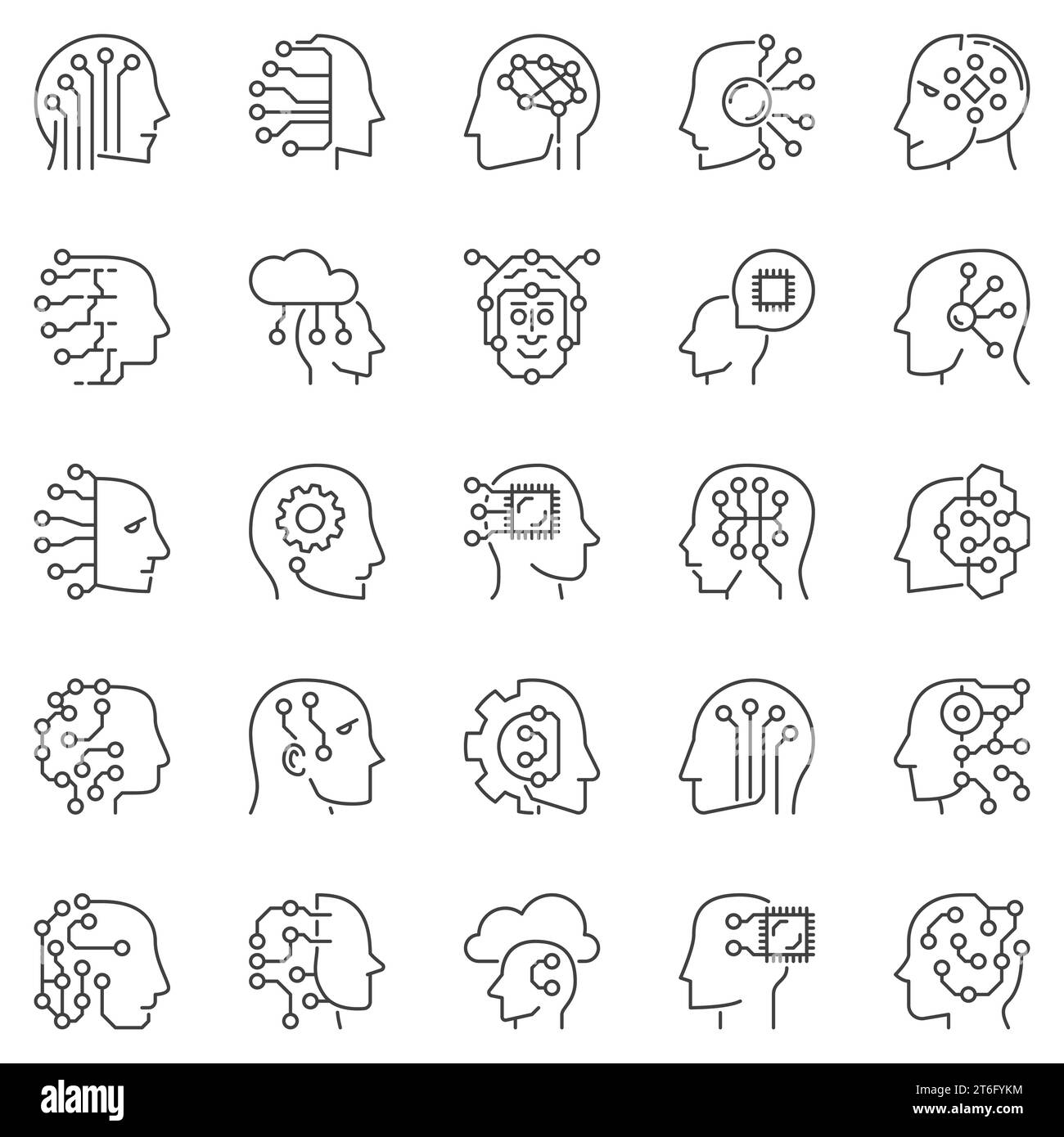 Set di icone per la testa dell'intelligenza artificiale e il concetto di apprendimento automatico testa con simboli vettoriali delle linee dei circuiti Illustrazione Vettoriale