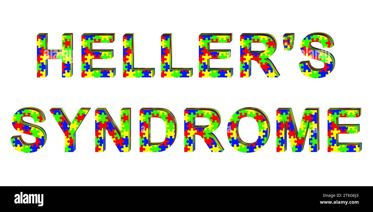 Disturbo disintegrativo infantile (sindrome di Hellers), un disturbo dello sviluppo neurologico, illustrazione 3D. Il testo è composto da motivi puzzle che riflettono Foto Stock