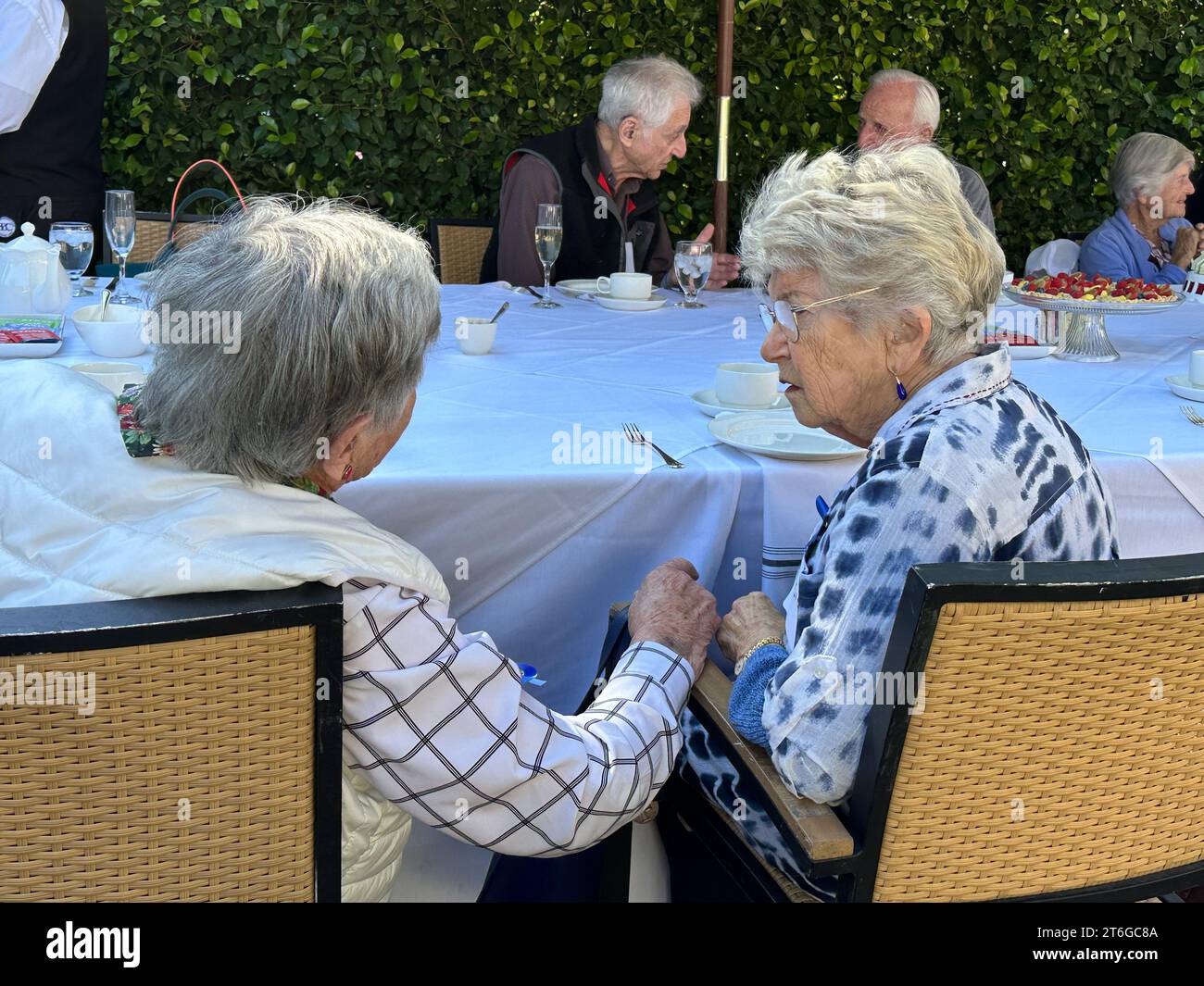 Santa Barbara, California, USA. 9 novembre 2023. Il 9 novembre 2023 ricorre il 85° anniversario della notte dei cristalli, quando i nazisti scatenarono un'ondata orchestrata di violenza contro gli ebrei in Germania e Austria per costringerli a lasciare il paese. Più di cento ebrei furono uccisi e migliaia di istituzioni ebraiche, sinagoghe, negozi e case furono saccheggiate e distrutte il 10 novembre 1938. La Federazione ebraica della grande Santa Barbara ha onorato un gruppo di sopravvissuti locali all'Olocausto oggi ospitando un pranzo al Santa Barbara Club dove si riconnettono Foto Stock