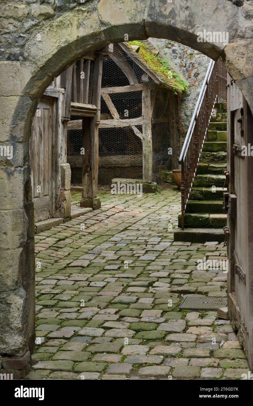 Cortile medievale acciottolato con edifici in legno e scalini in pietra, Rue de la Prison, Honfleur, Calvados, basse Normandie, Normandia, Francia, Europa Foto Stock