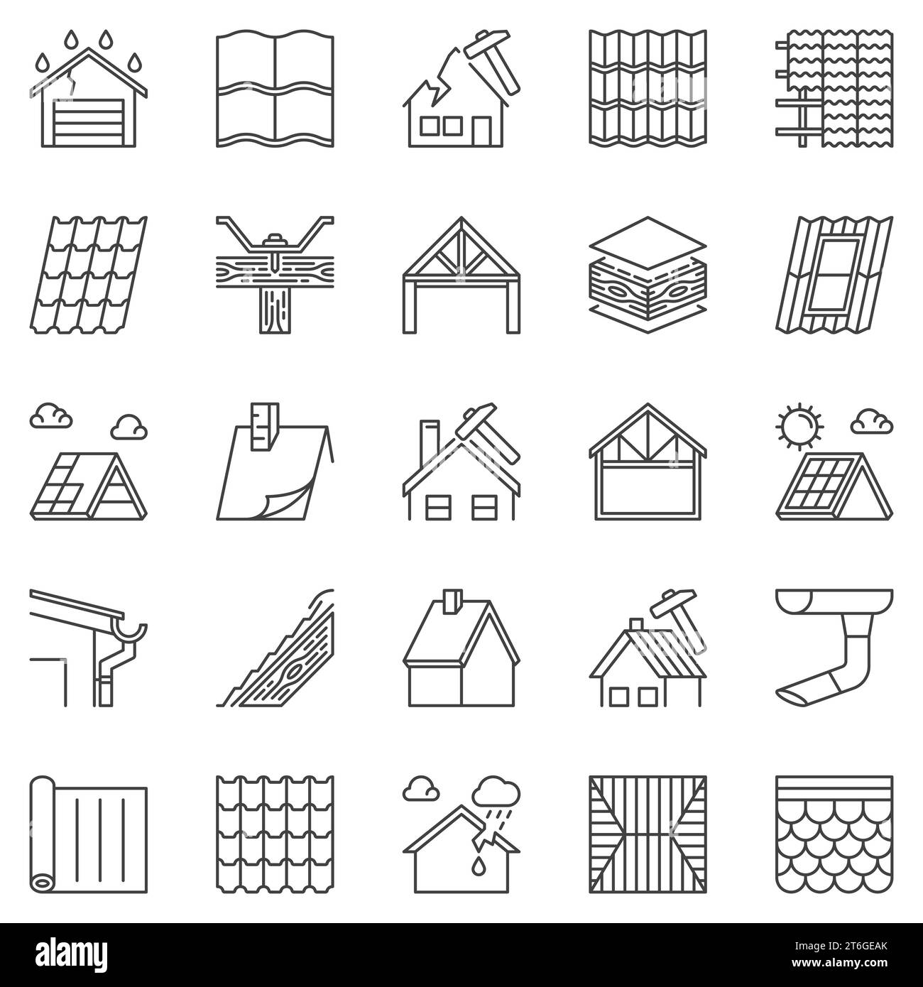 Set di icone del profilo del tetto - simboli lineari del concetto di riparazione vettoriale di Housetop e tetto Illustrazione Vettoriale