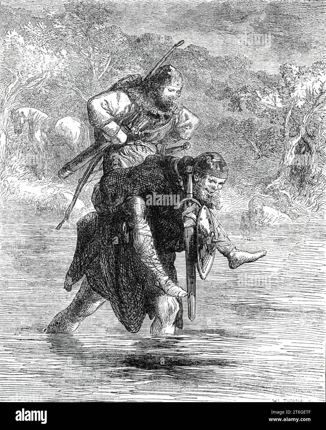 Robin Hood and the Curtal Friar, tratto da The Boy's Book of Ballads, 1860. "Delle caratteristiche romantiche delle illustrazioni di John Gilbert non è ovviamente necessario dire una parola, tranne che pensiamo di vedere particolari segni di cura e finitura nei dettagli di ogni immagine. Incidiamo un esemplare molto vivace delle illustrazioni, che riguarda la ballata di "Robin Hood e il frate Curtal", e il cui contenuto si trova nelle seguenti righe: "il frate prese Robin Hood sulla schiena, acque profonde fece bestride, e non disse nessuna buona parola Foto Stock