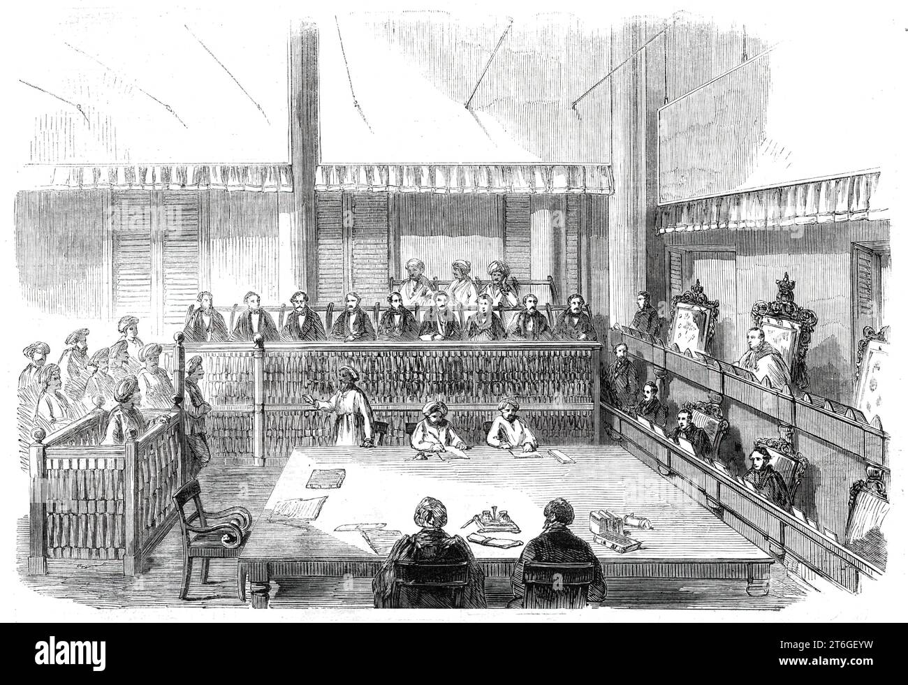 La Corte Suprema di Madras, 1860. "La nostra incisione... mostra i piccoli giurati nella scatola, il prigioniero al bar, e Sir A. Bittlestone, giudice Puisne, sulla panchina... diamo alcuni particolari che rispettano il modo di convocare e giurare i giurati... una serie di gran giurati (composta da signori della funzione pubblica, mercanti, e signori di mezzi indipendenti, Mohammedans e Hindoos), e tre serie, dodici ciascuno, di piccoli giurati, sono convocati dallo sceriffo,...il giudice, aprendo il session...delivers il calendario ai gran giurati, dopo che sono stati debitamente giurati - cristiani su Foto Stock