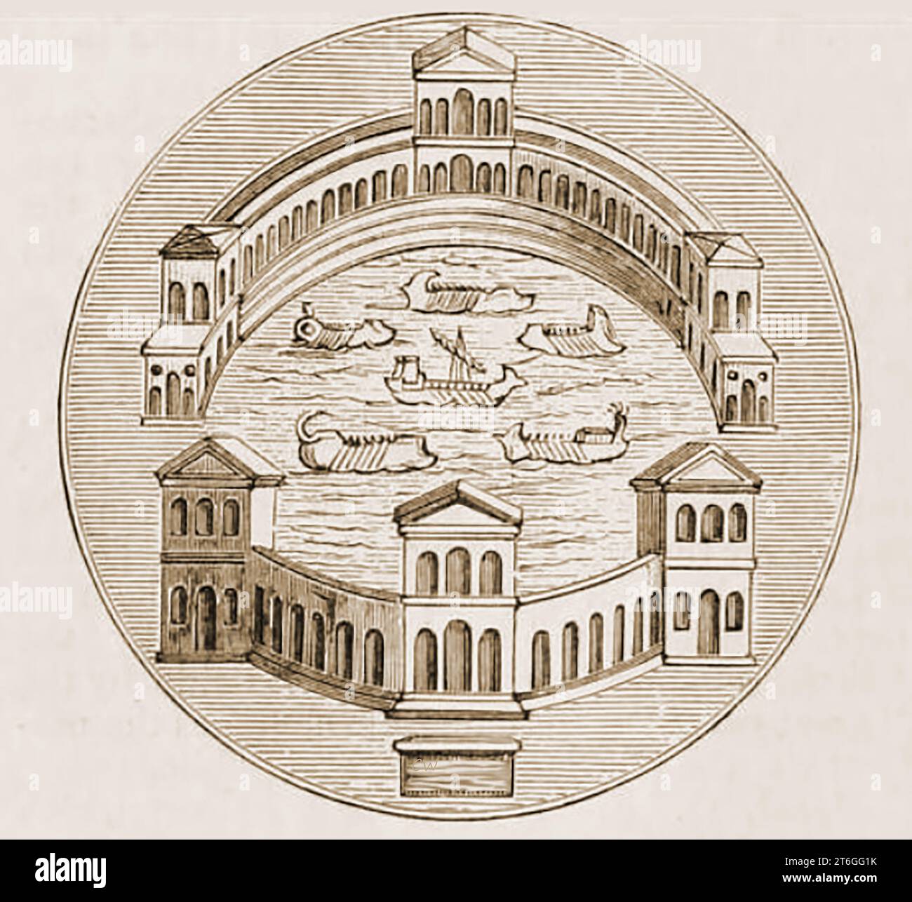 Un'antica illustrazione che mostra un teatro romano d'acqua o Naumachia dove venivano messe in scena battaglie marine, ecc. Foto Stock