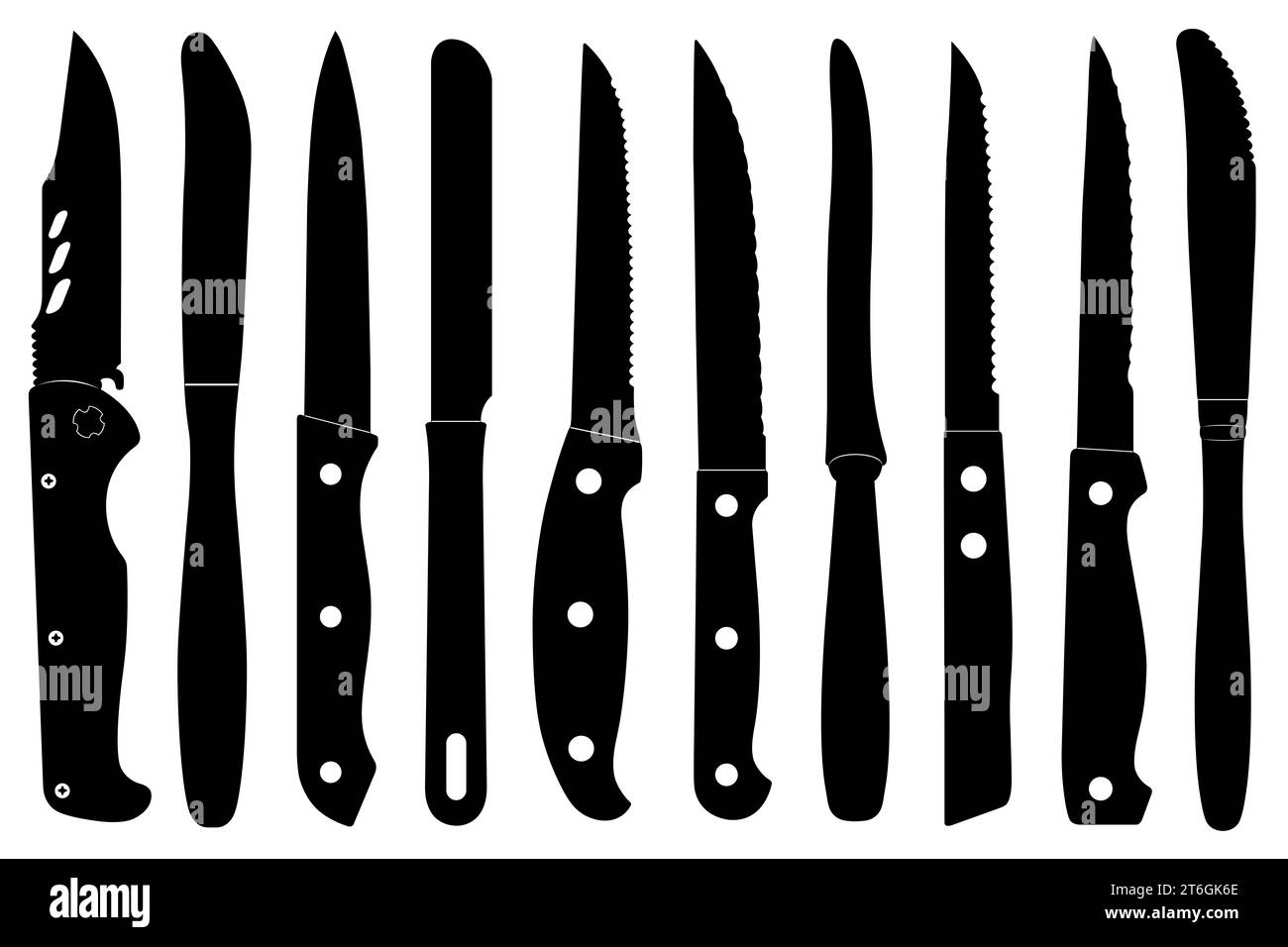 Collezione di diverse illustrazioni di coltelli da cucina isolati su bianco Foto Stock