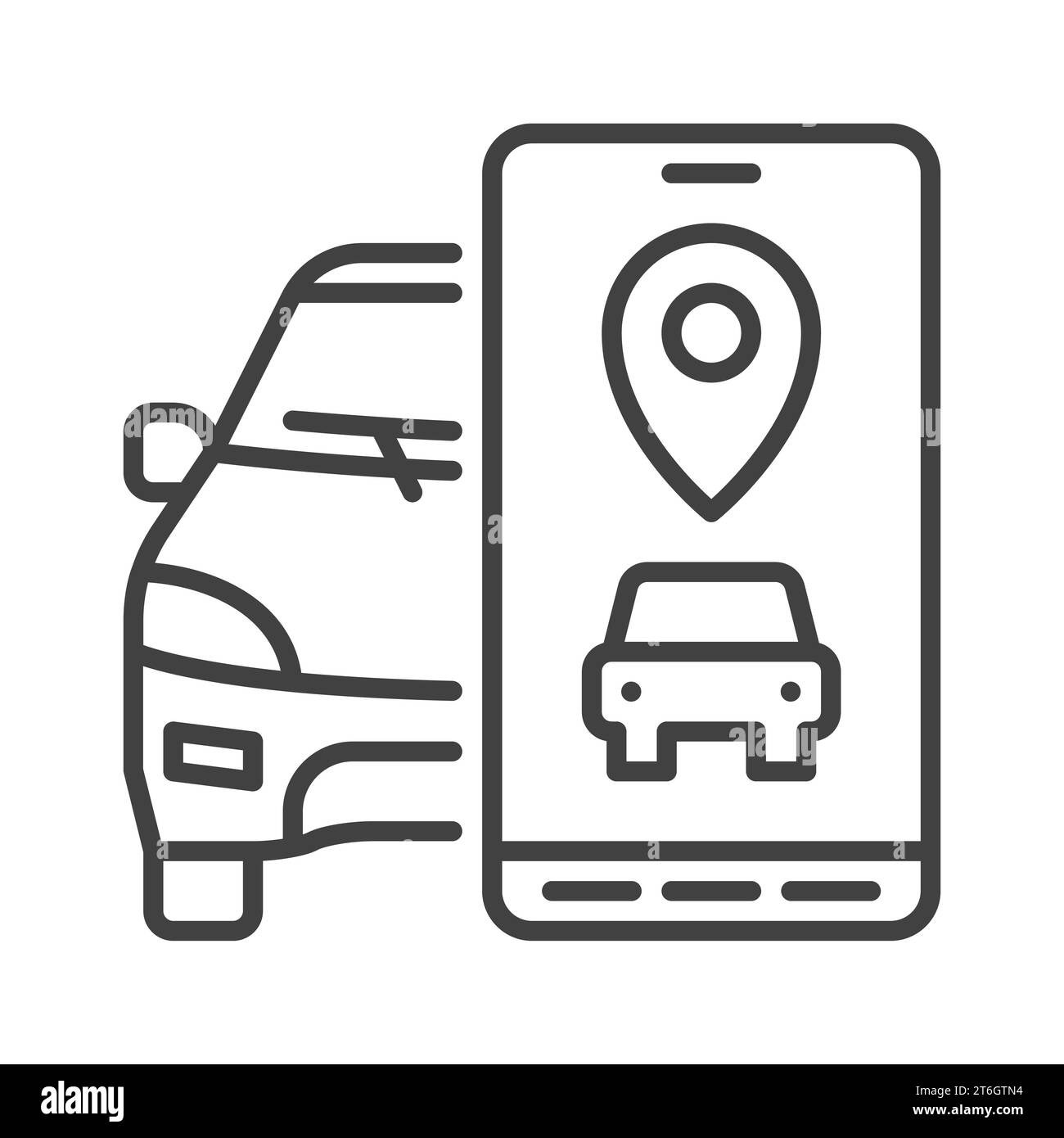 Icona o simbolo linea sottile dell'app di noleggio auto Vector Car e smartphone Illustrazione Vettoriale