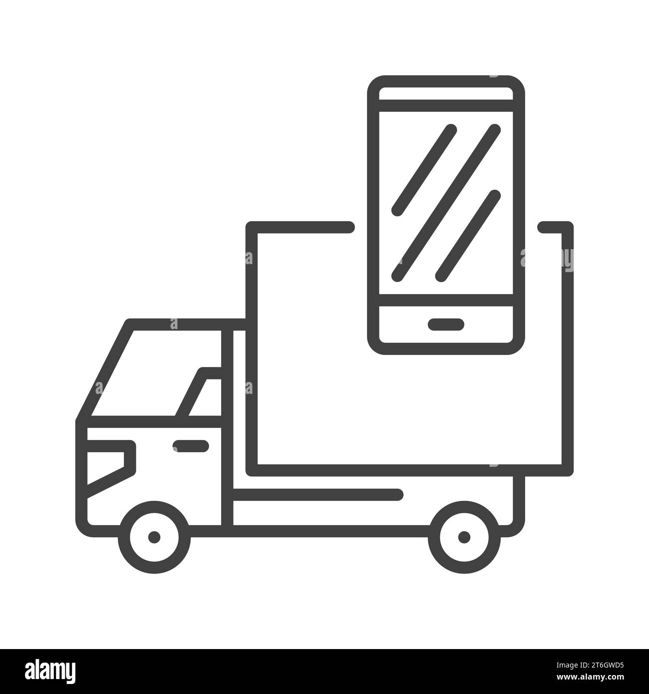 Icona o simbolo di chiamata vettoriale smartphone e Delivery Truck in stile contorno Illustrazione Vettoriale