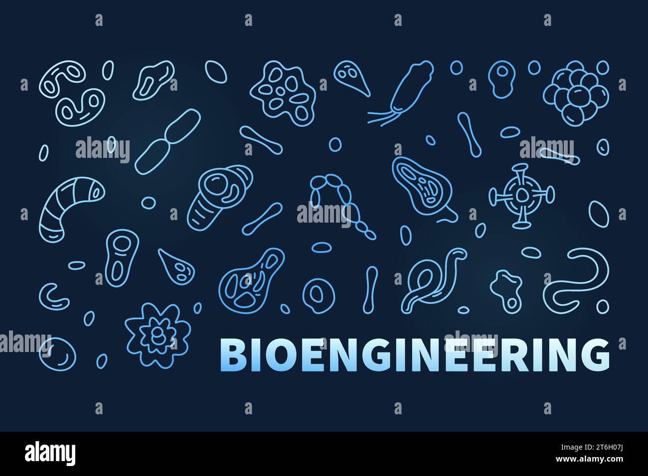 Banner orizzontale blu con linea sottile Biotech Vector Science Concept - illustrazione Bioingegneria con sfondo scuro Illustrazione Vettoriale