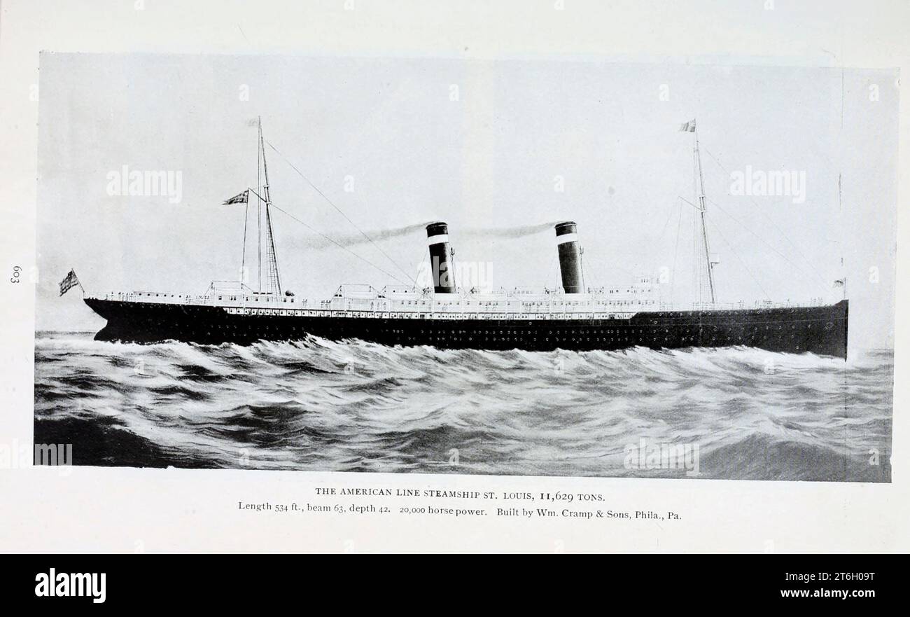 American Line Steamship St. Louis 11.629 tonnellate lunghezza 534 piedi, fascio 63, profondità 42. 20.000 cavalli di potenza realizzati da WM. Cramp & Sons, Phila., Pa. Dall'articolo PROGRESS AND PROMISE NELLA COSTRUZIONE NAVALE AMERICANA. Di Lewis Nixon della rivista Engineering Magazine DEDICATA AL PROGRESSO INDUSTRIALE volume XII ottobre 1896 a marzo 1897 The Engineering Magazine Co Foto Stock