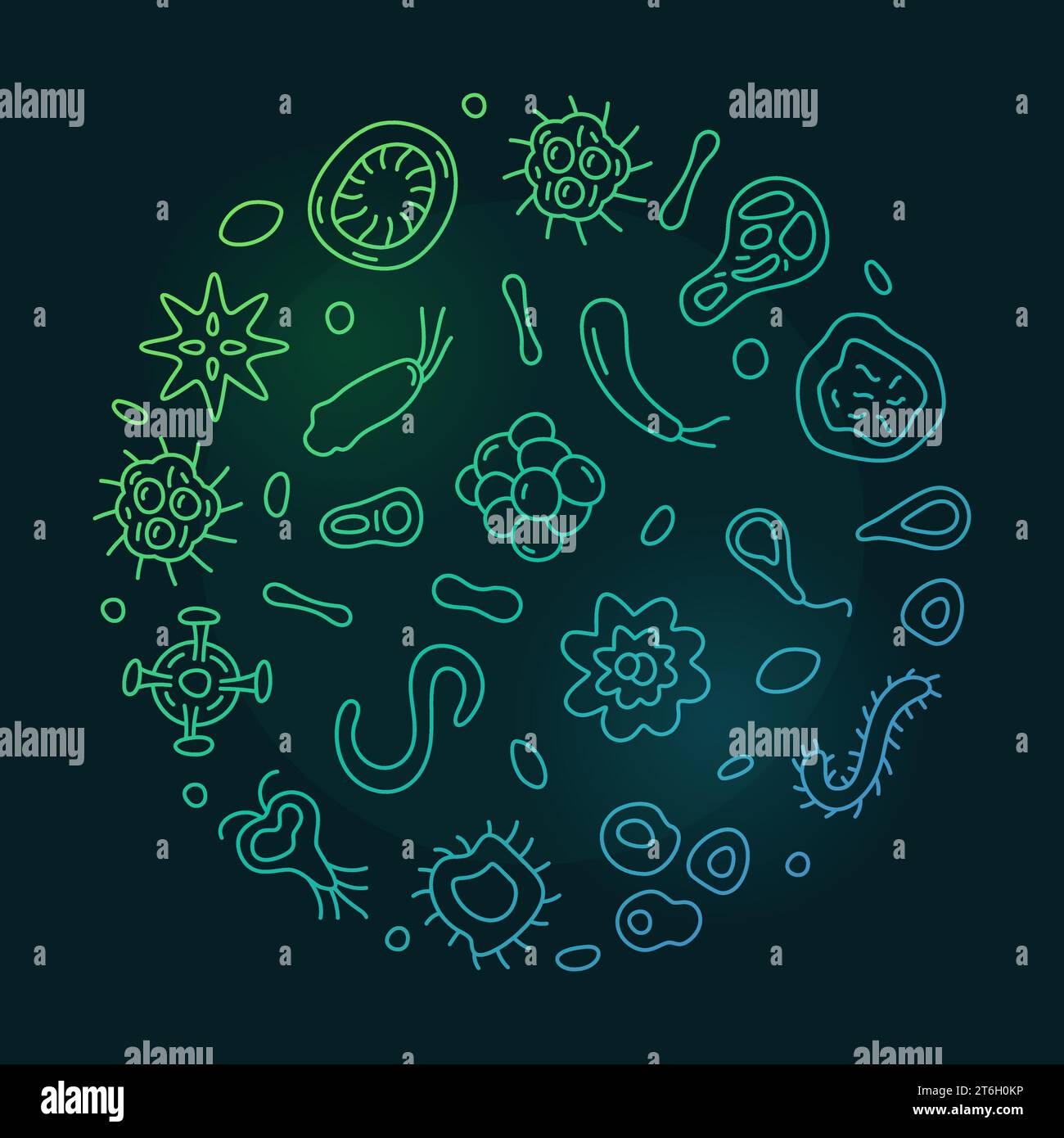 Vector di batteriologia Microbiology Science Concept line banner verde rotondo o illustrazione con sfondo scuro Illustrazione Vettoriale